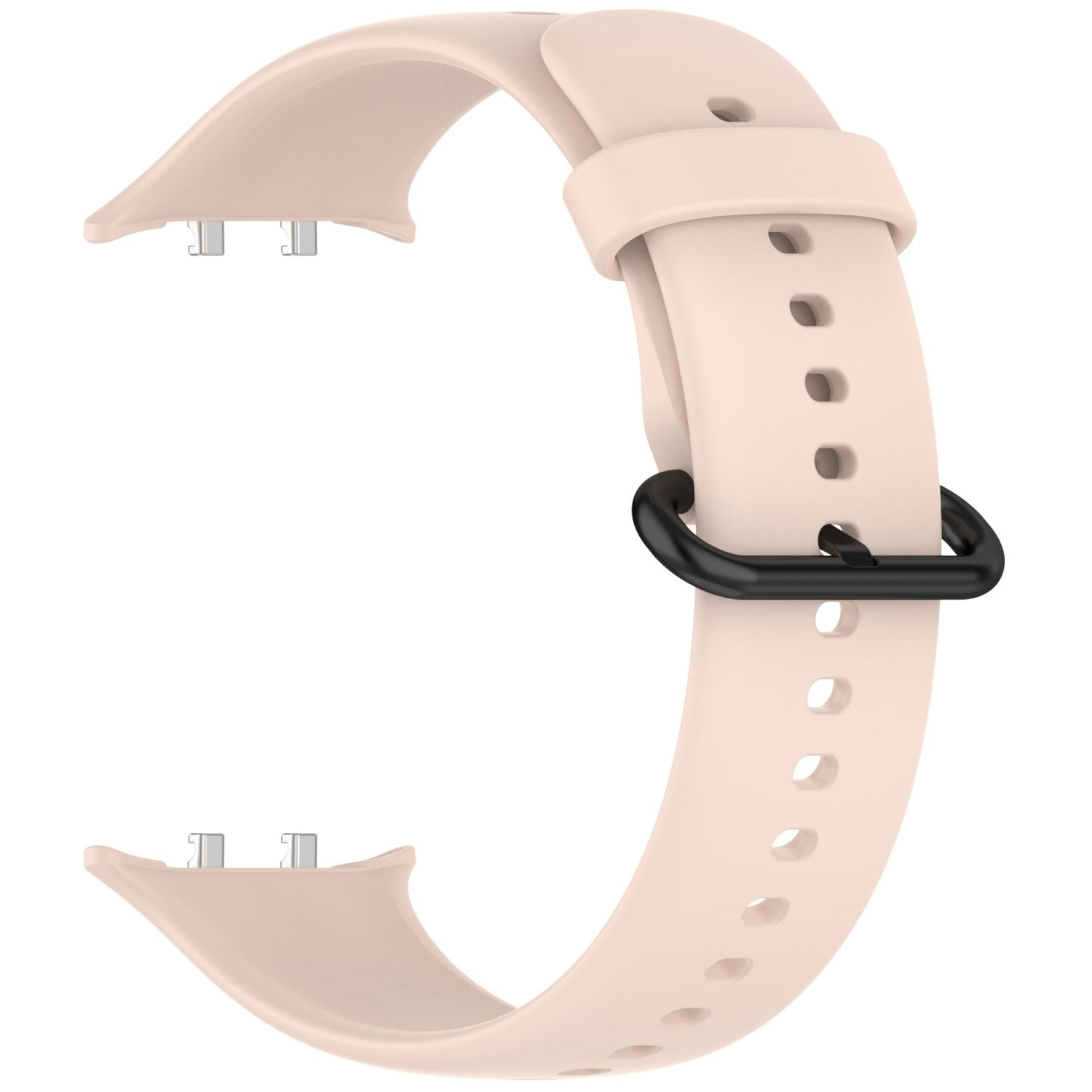 Hellrosa Uhrenarmband mit schwarzem Ring. Das Armband hat Metallverschlüsse.