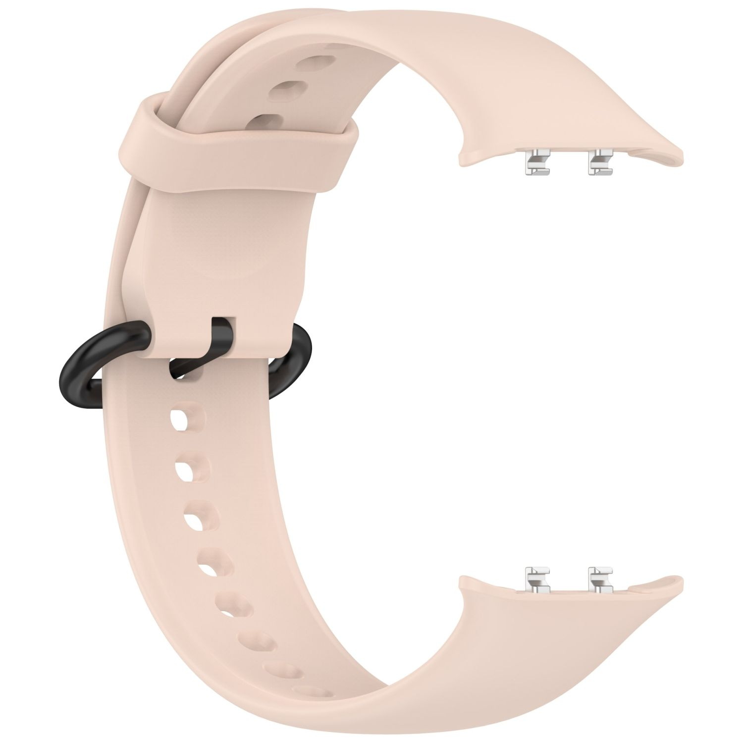 Ein hellrosa Uhrenarmband mit schwarzer Schnalle und silbernen Verschlüssen.