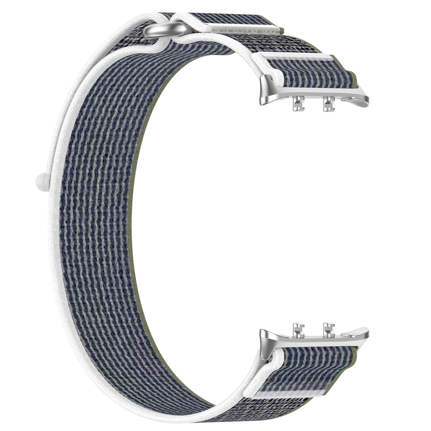 Ein Uhrenarmband mit blau-weißen Streifen.