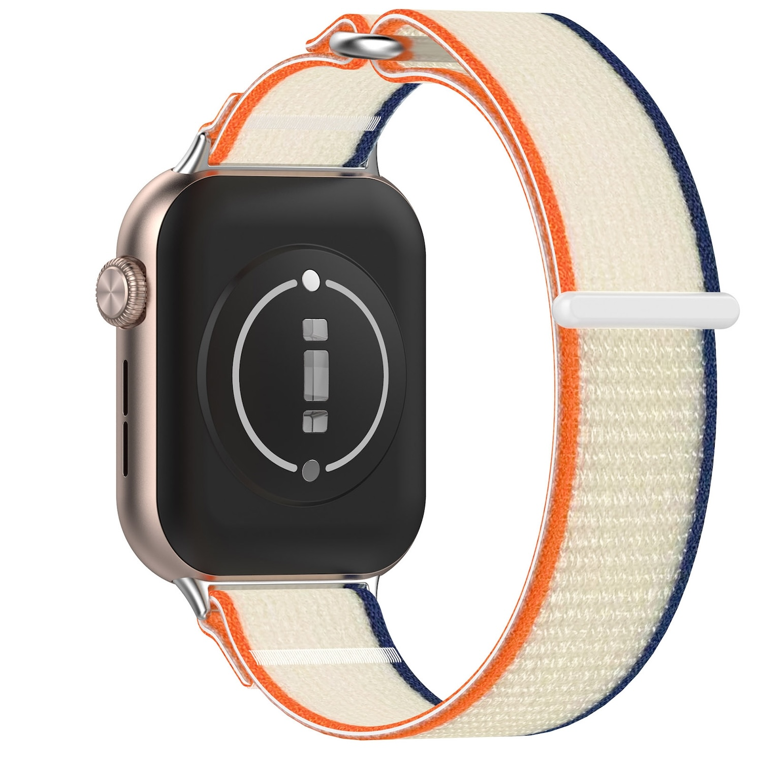 Eine Smartwatch mit einem cremefarbenen, orangefarbenen und marinefarbenen Uhrenarmband.