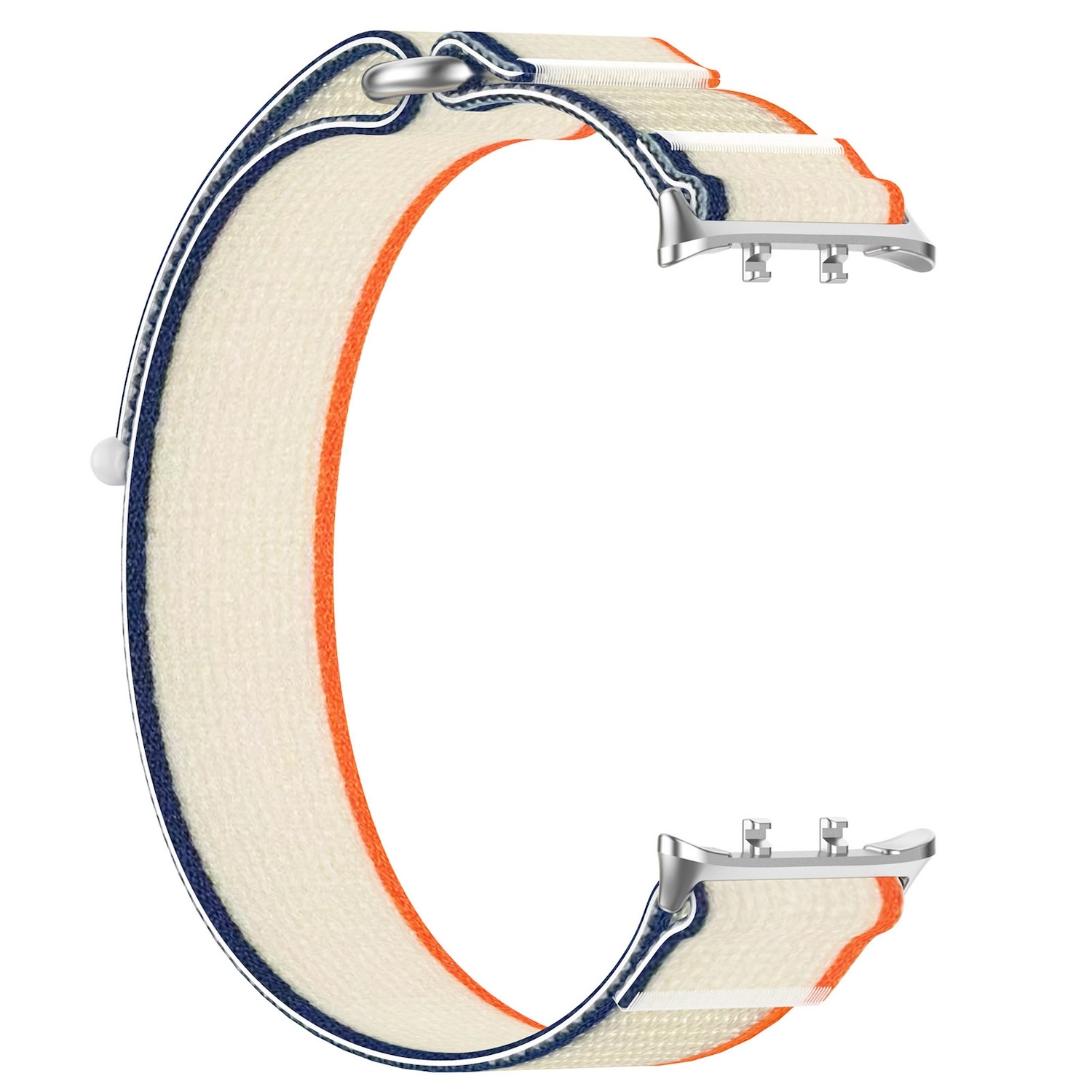 Ein Uhrenarmband mit cremefarbenen, orangefarbenen und marinefarbenen Streifen.