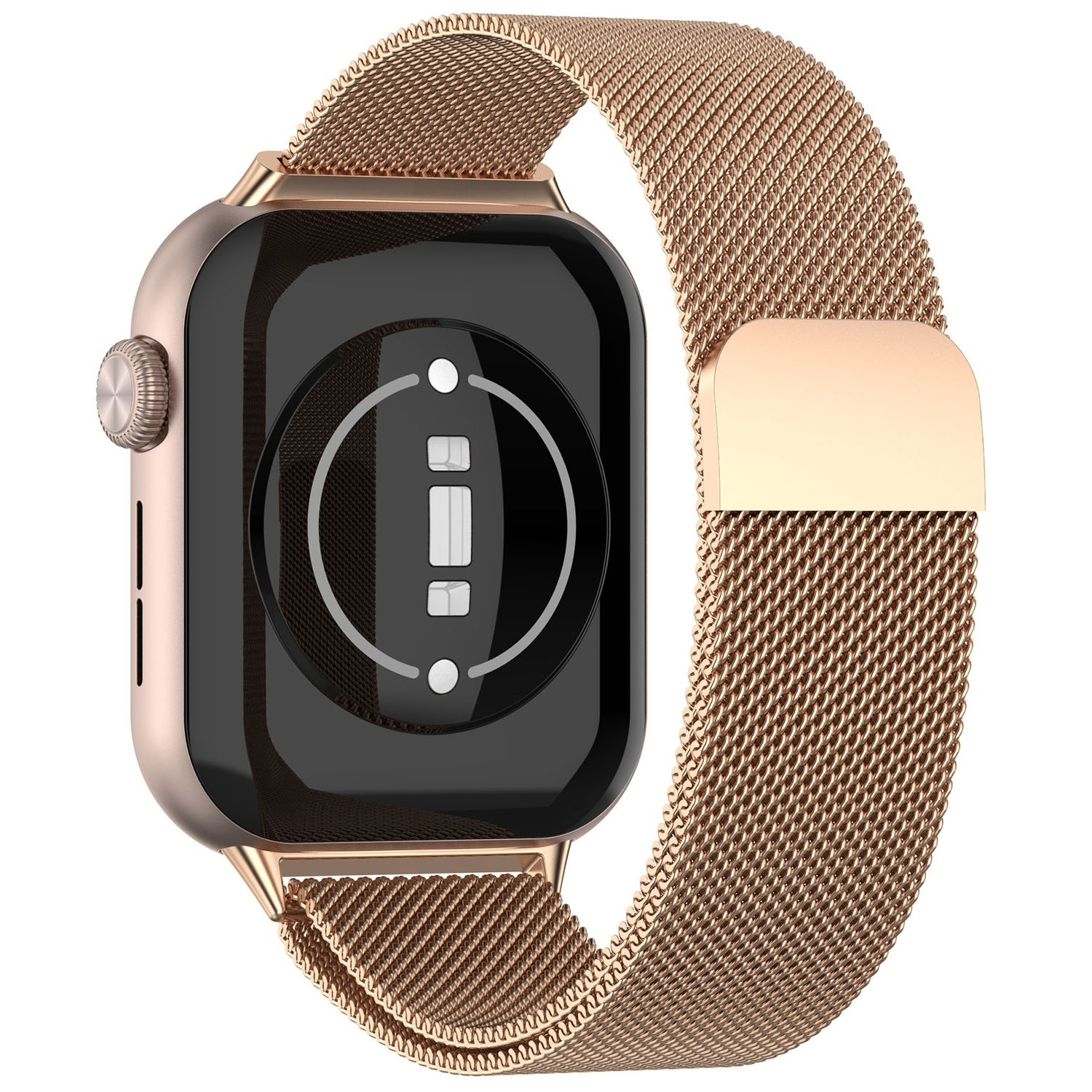 Roségoldene Smartwatch mit Metallband. Rückseite der Uhr sichtbar. Herzfrequenzsensor.