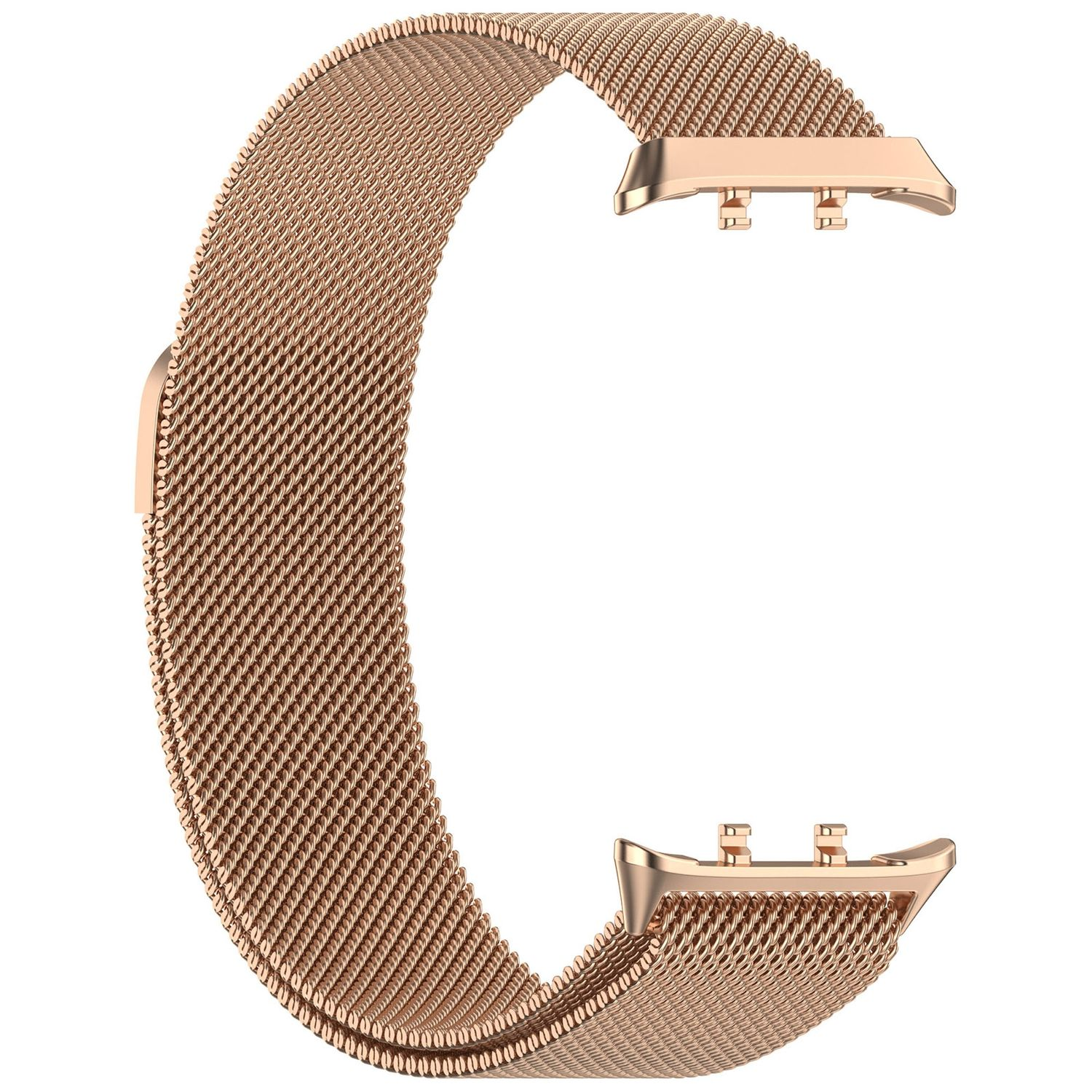 Ein roségoldfarbenes Uhrenarmband mit Mesh-Design und zwei Anschlüssen an den Enden.
