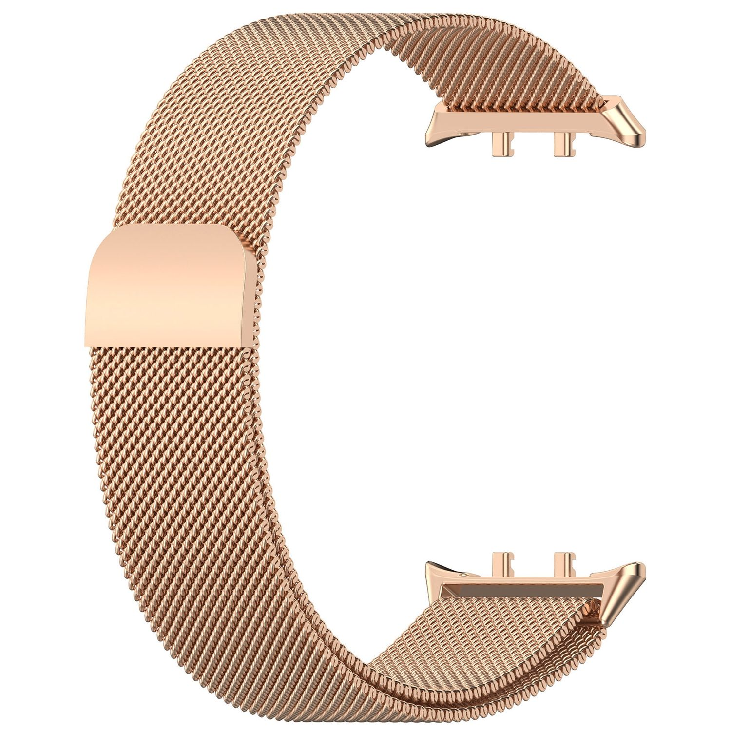 Ein roségoldenes Uhrenarmband. Es ist ein Mesh-Design mit einem Magnetverschluss.