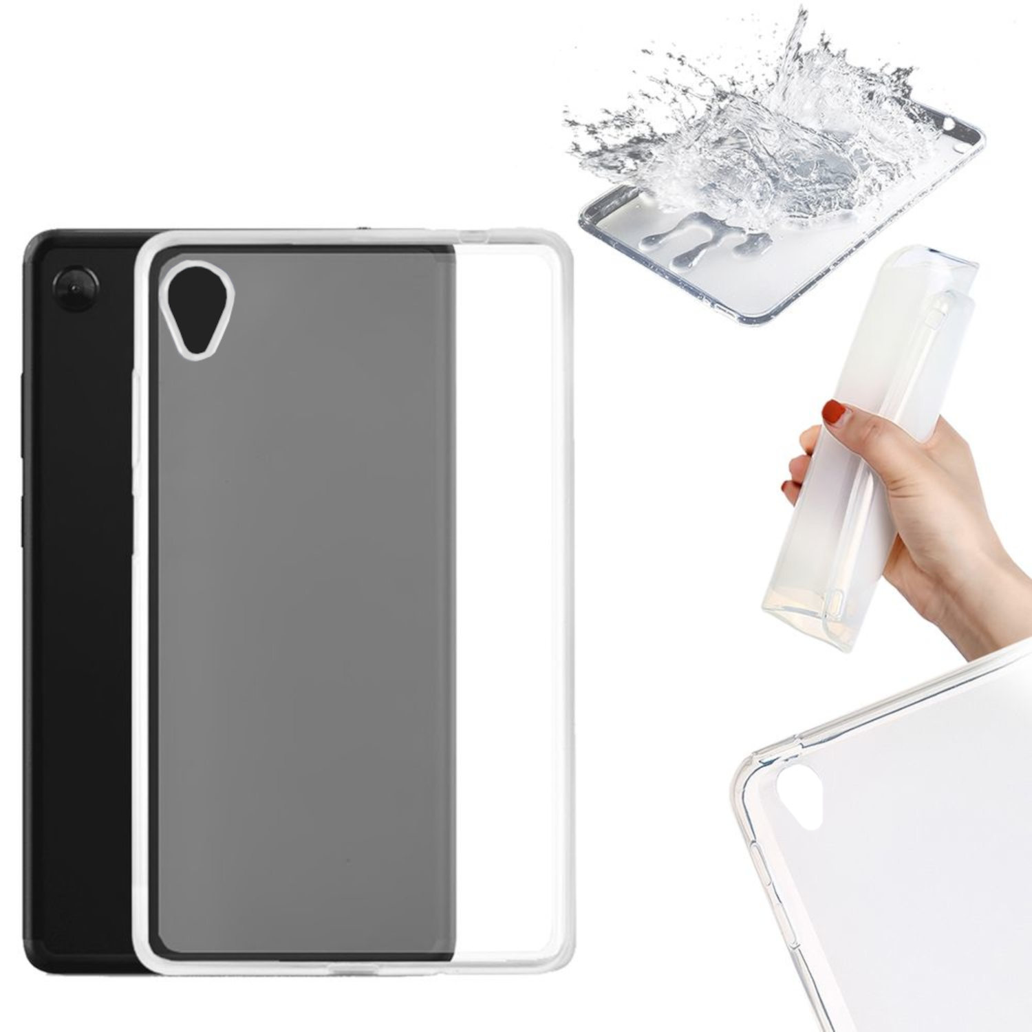 Tablet-Hüllen in Schwarz, Grau und Transparent. Eine Hand hält eine transparente Hülle mit Wasserspritzern.