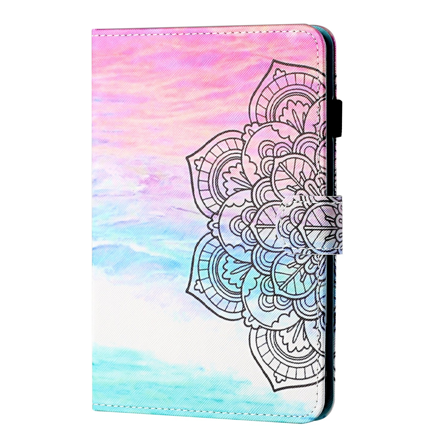 Eine Tablet-Hülle mit Mandala-Design. Die Hülle hat einen rosa, blauen und weißen Farbverlauf.