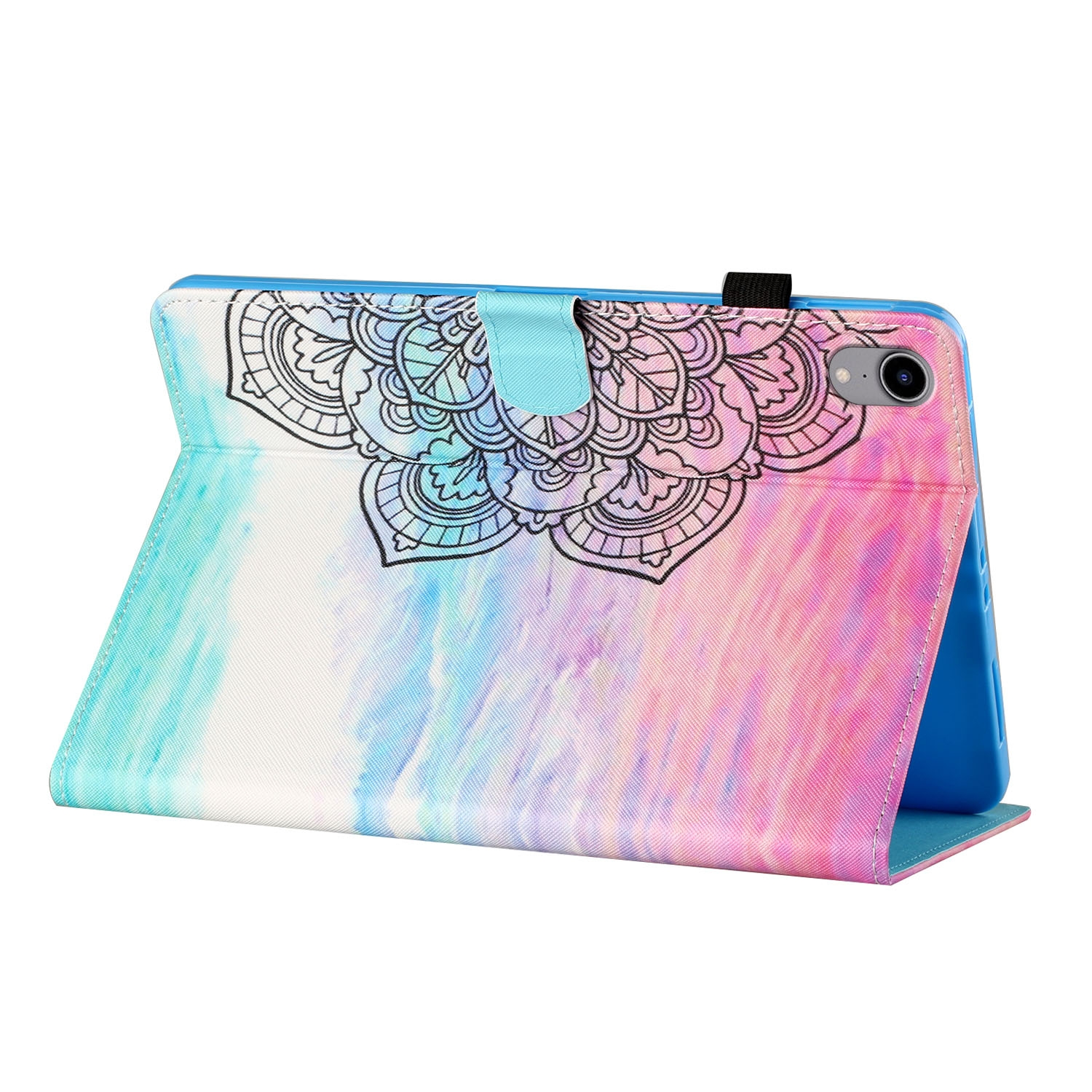 Eine Tablet-Hülle, offen mit Mandala-Design. Der Hintergrund ist ein rosa-blauer Farbverlauf.