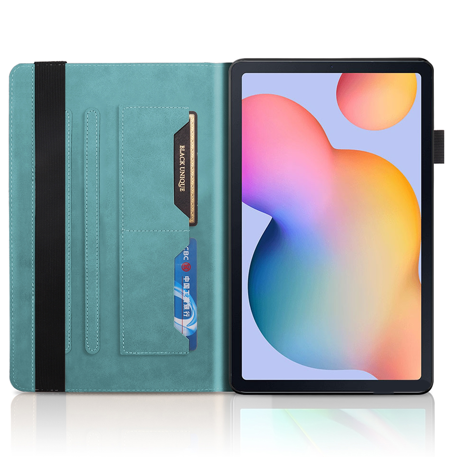 Eine türkisfarbene Tablet-Hülle mit Kartenfächern und einem schwarzen Gummiband.