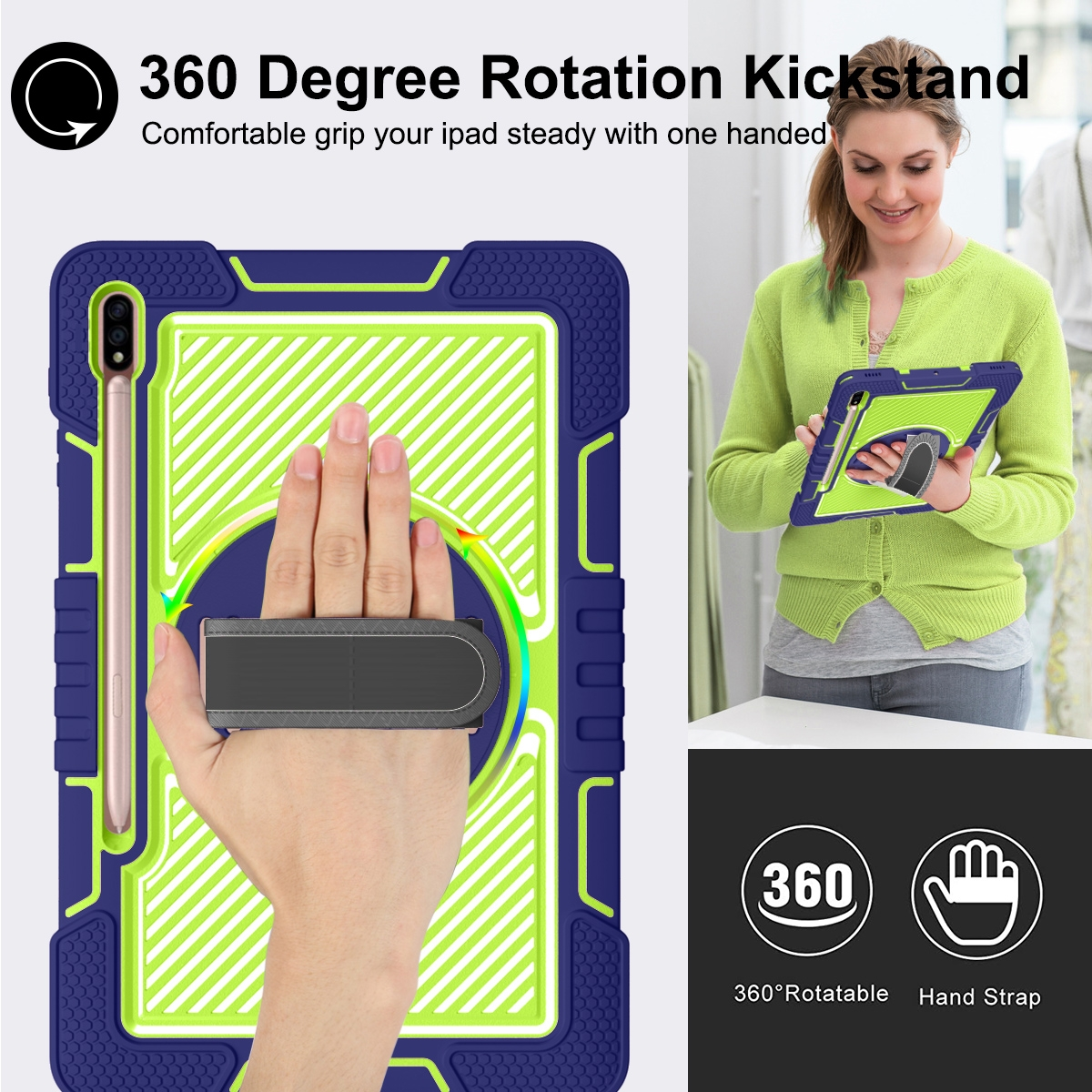 Eine Frau hält ein Tablet mit robuster Hülle. Eine Hand benutzt den Ständer.