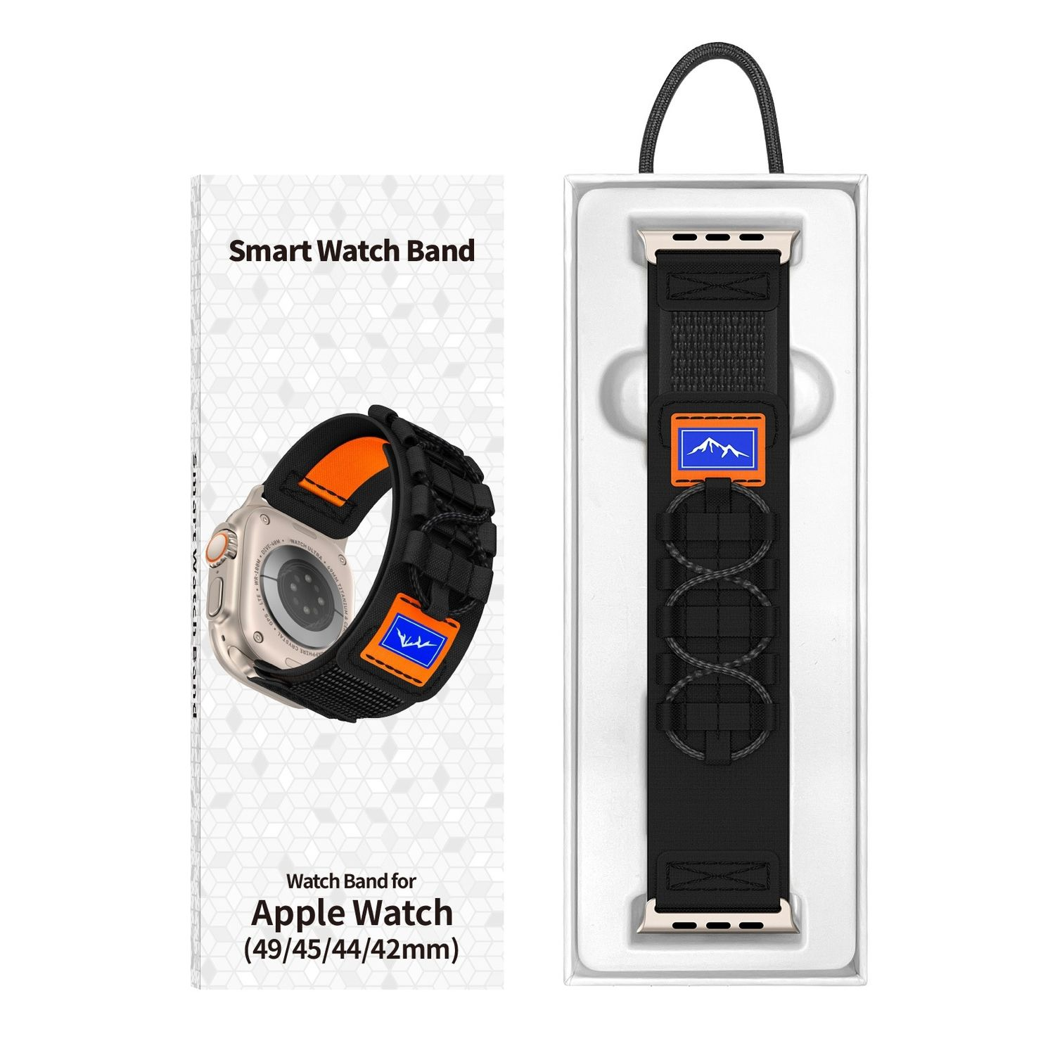 Smartwatch-Armband in einer Box und eine Uhr mit schwarzem und orangefarbenem Armband.