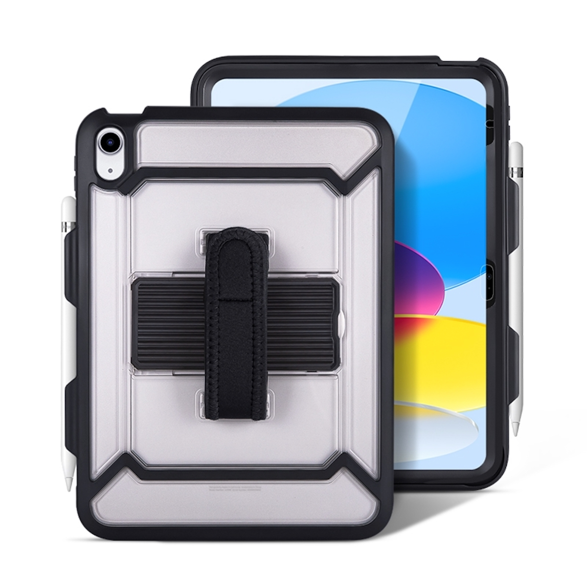 Tablet-Hülle mit schwarz-weißem Design. Stifthalter an der Seite.
