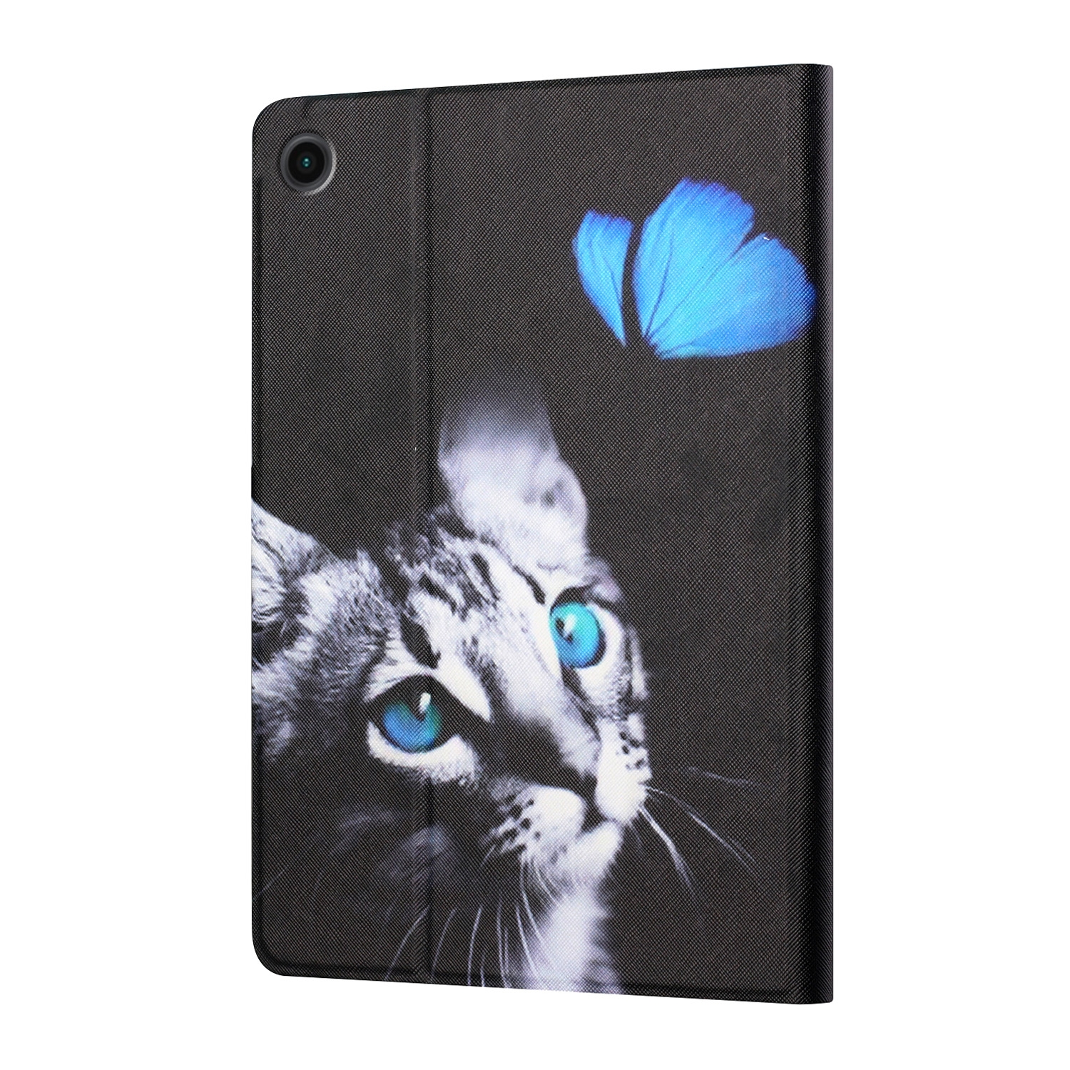 Katze mit blauen Augen auf einer Tablet-Hülle. Schmetterling über der Katze.