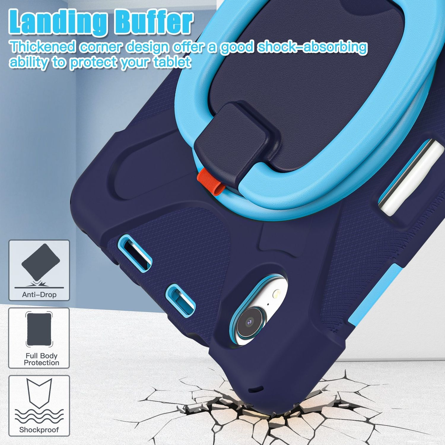Funda para tableta con absorción de impactos. Combinación de colores azul oscuro y azul claro.