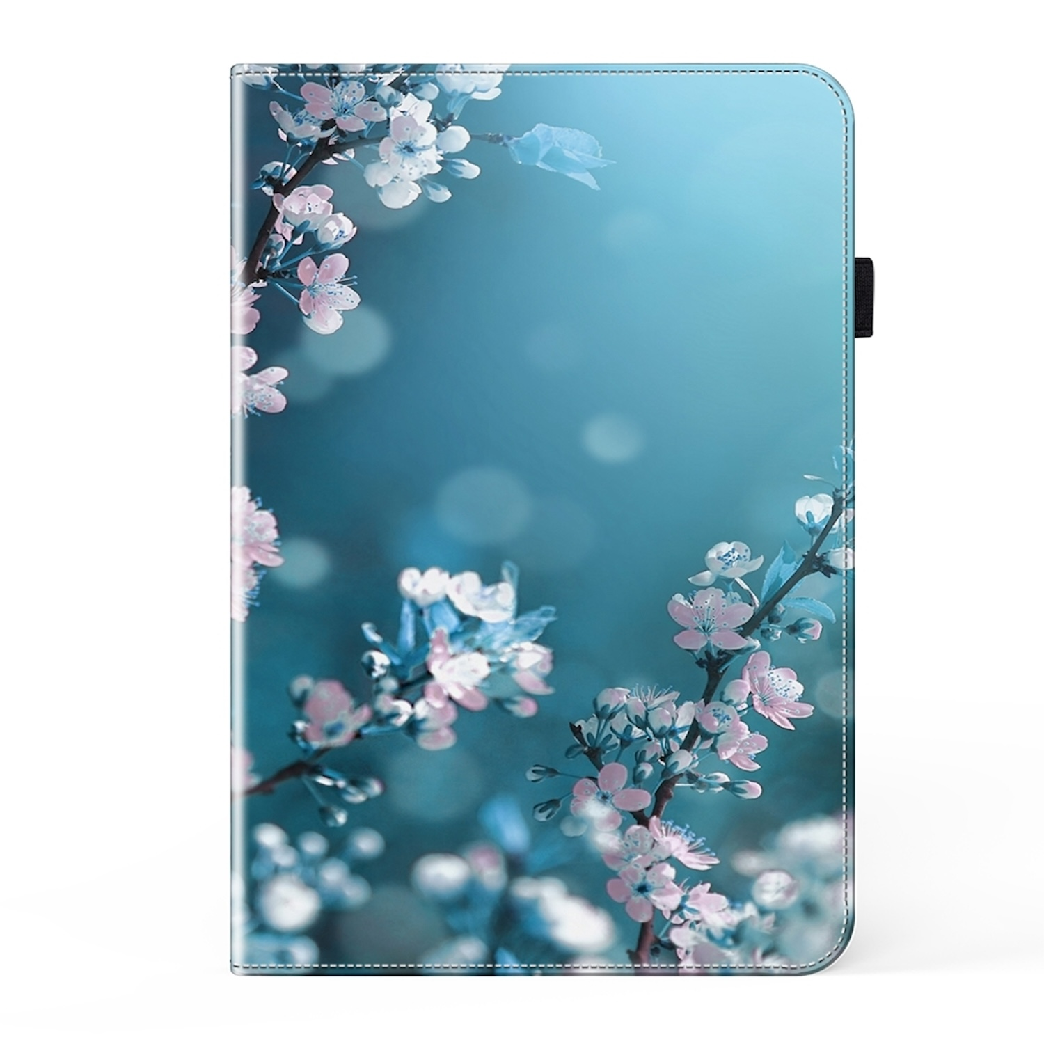 Tablethülle mit Blumendesign und blauem Hintergrund.