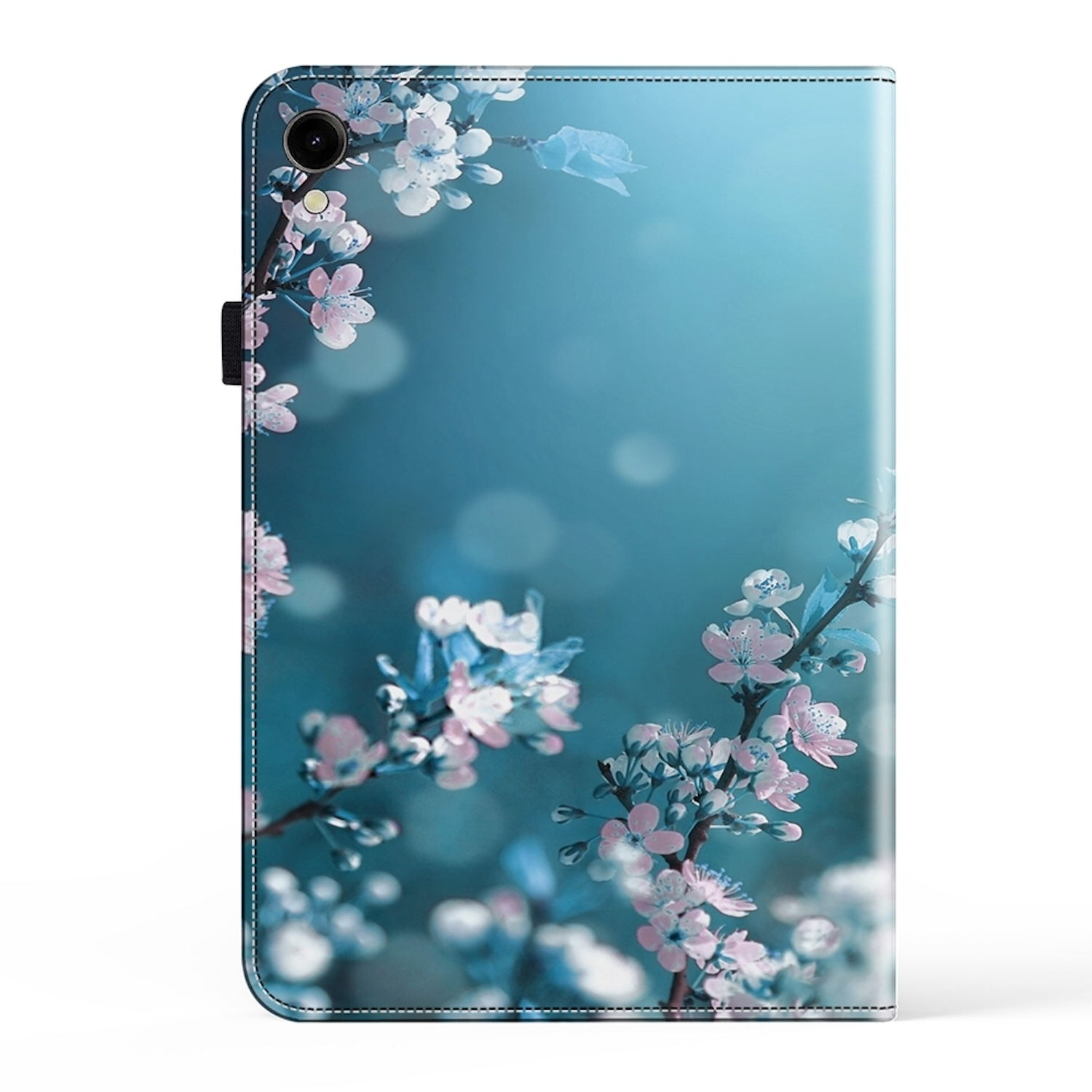 Tablethülle mit floralem Design; rosa und weiße Blüten auf blauem Hintergrund.