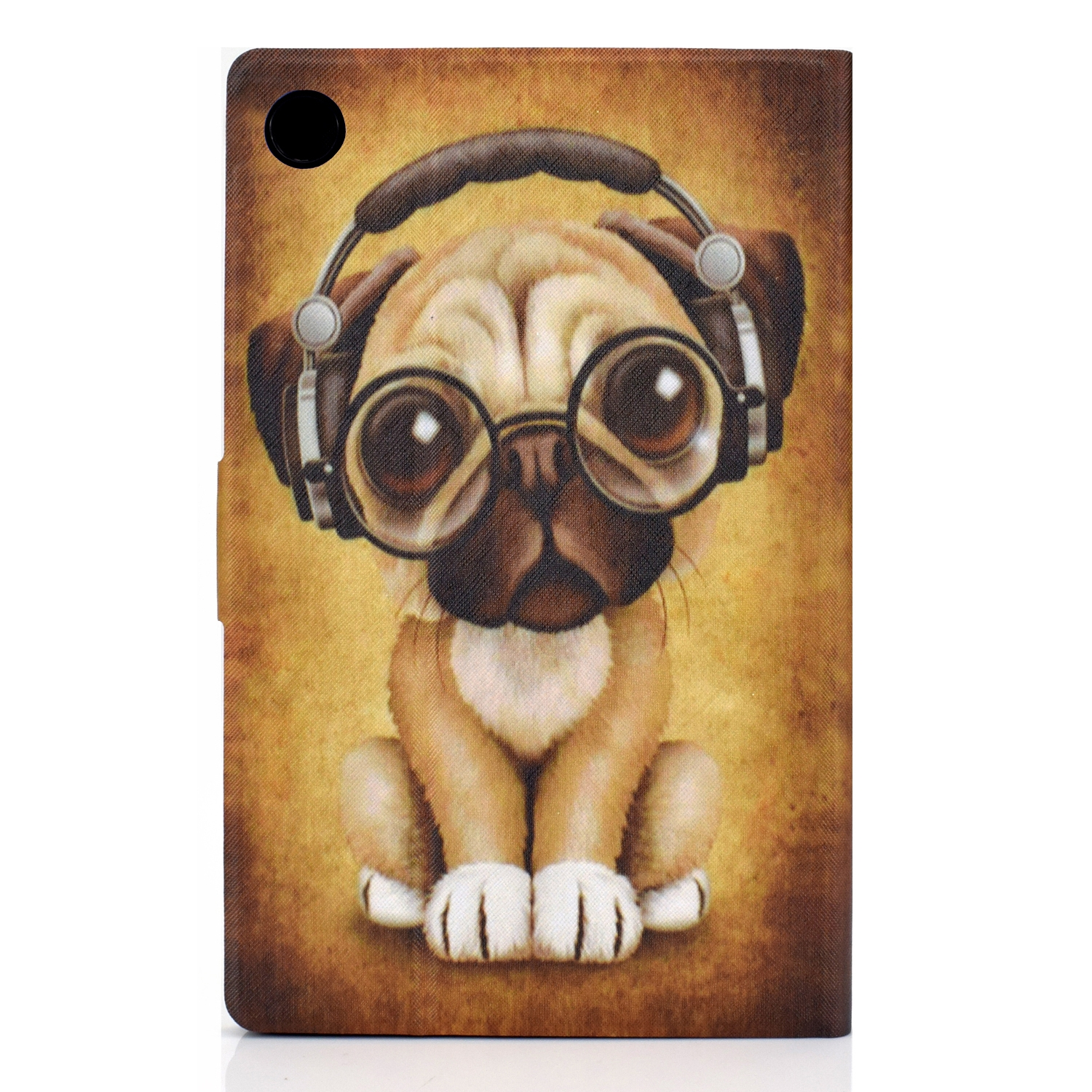 Tablethülle mit Mops mit Brille und Kopfhörern, auf gelbem Hintergrund.