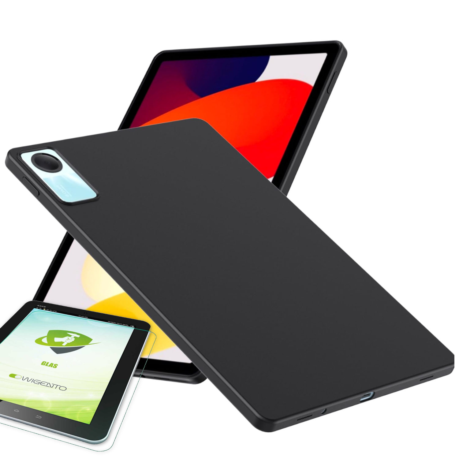 Schwarzes Tablet mit schwarzem Gehäuse und Displayschutz. Drei Tablets übereinander.