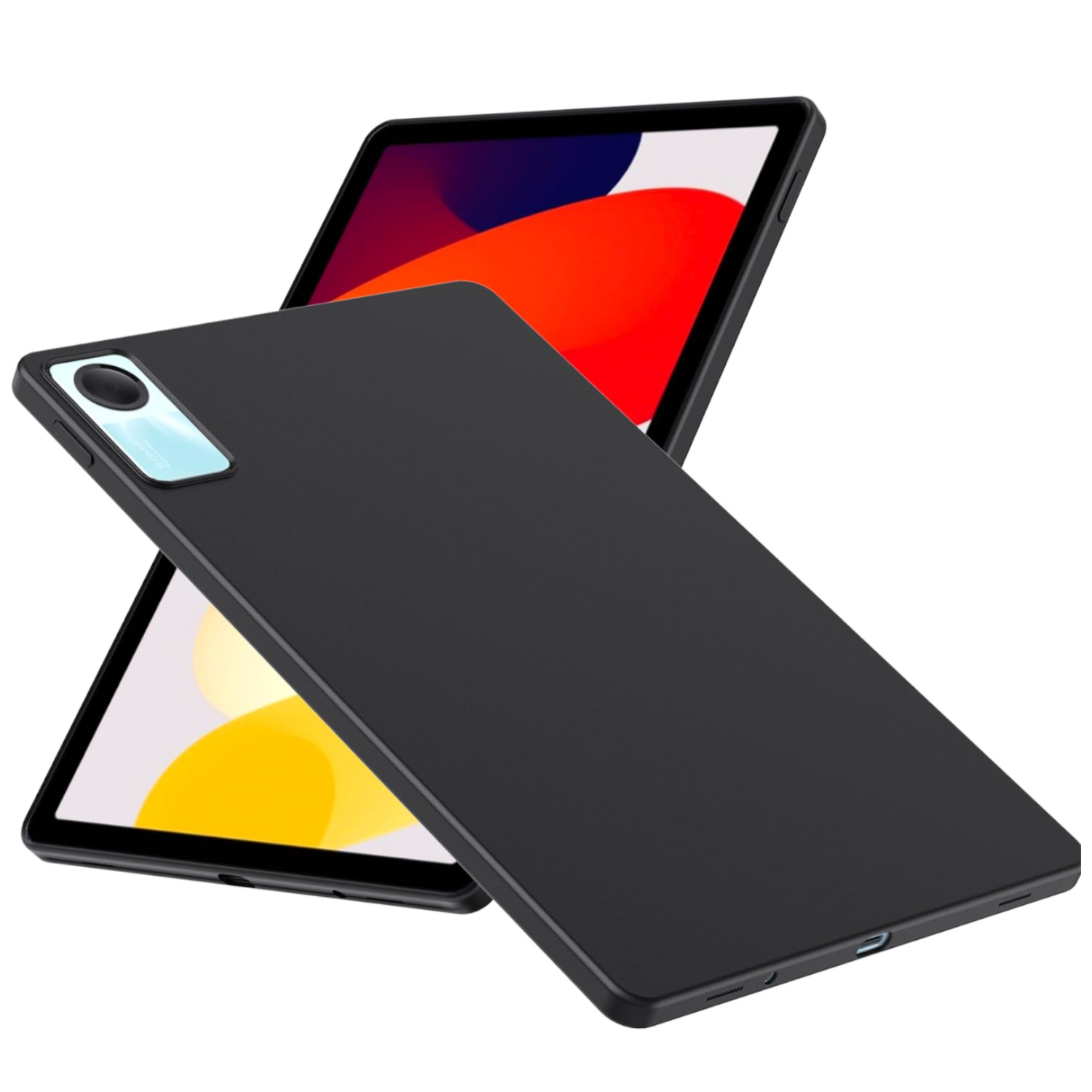 Zwei Tablets. Eines mit schwarzer Hülle und das andere mit roten und gelben Farben auf dem Bildschirm.