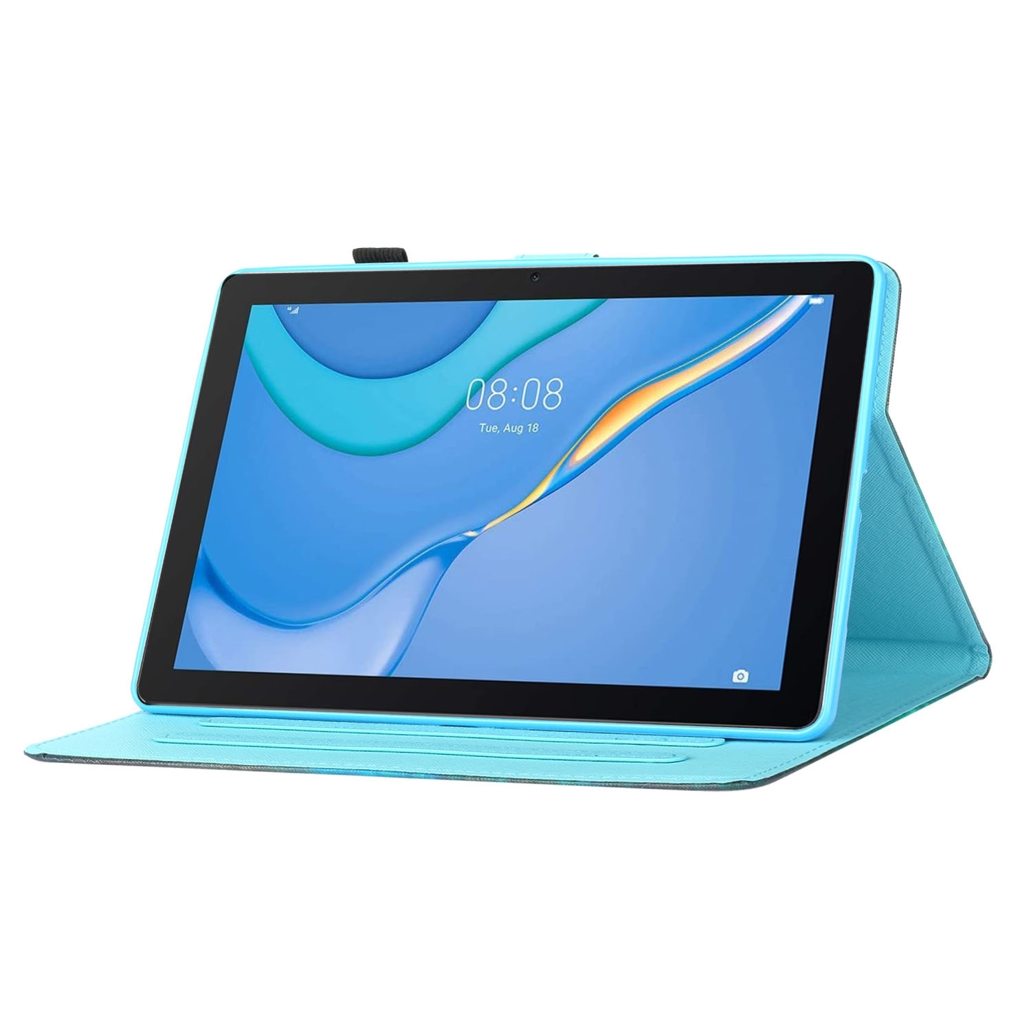 Tablethülle in Hellblau. Die Hülle ist geöffnet und zeigt das Tablet. Uhrzeit und Datum werden angezeigt.