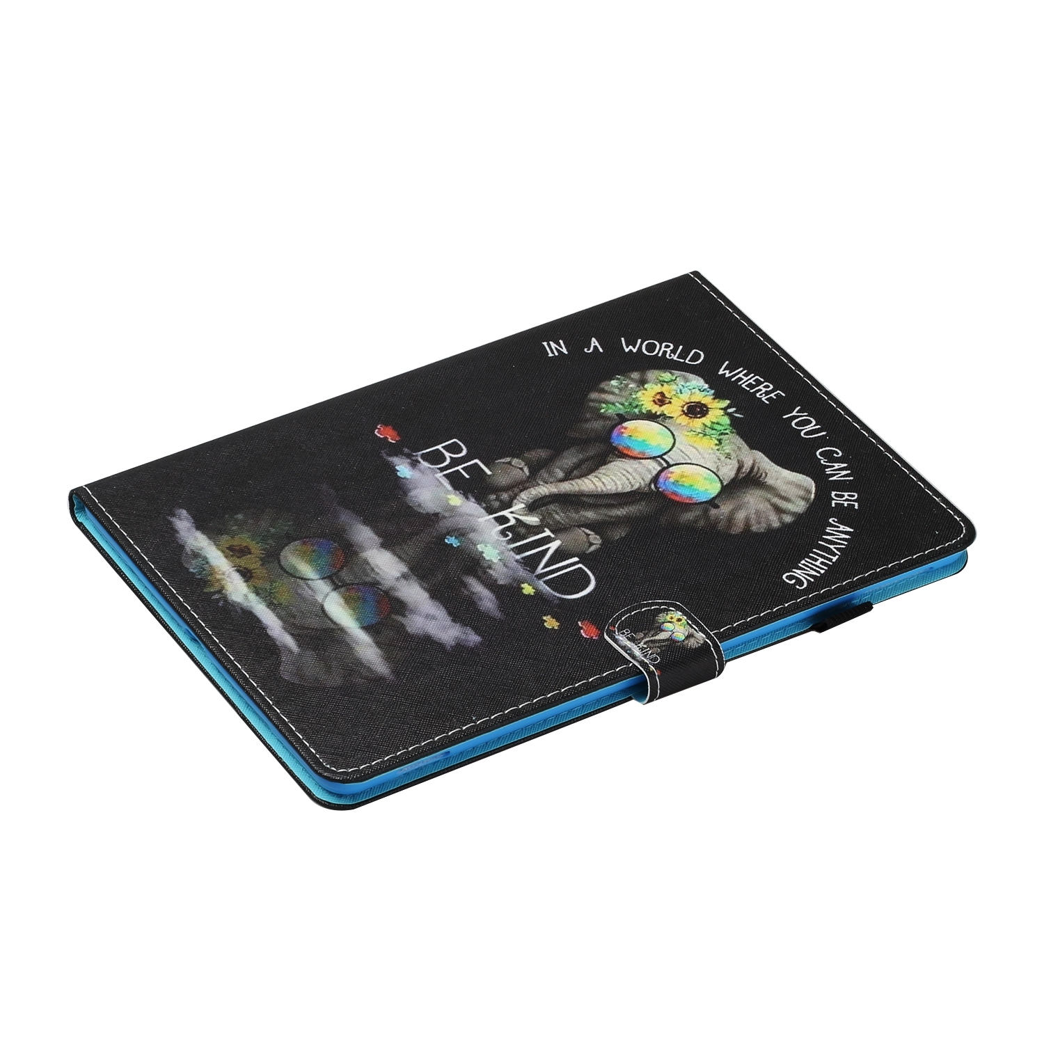 Tablethülle mit schwarzem Cover. Es hat einen Elefanten mit Sonnenbrille, mit dem Text: Sei nett.