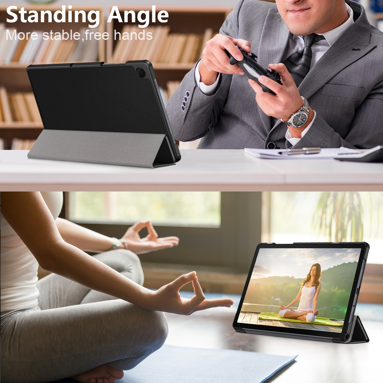 Zwei Bilder einer Tablethülle. Eines mit einer Person, die einen Controller benutzt, das andere mit einer Frau, die meditiert.