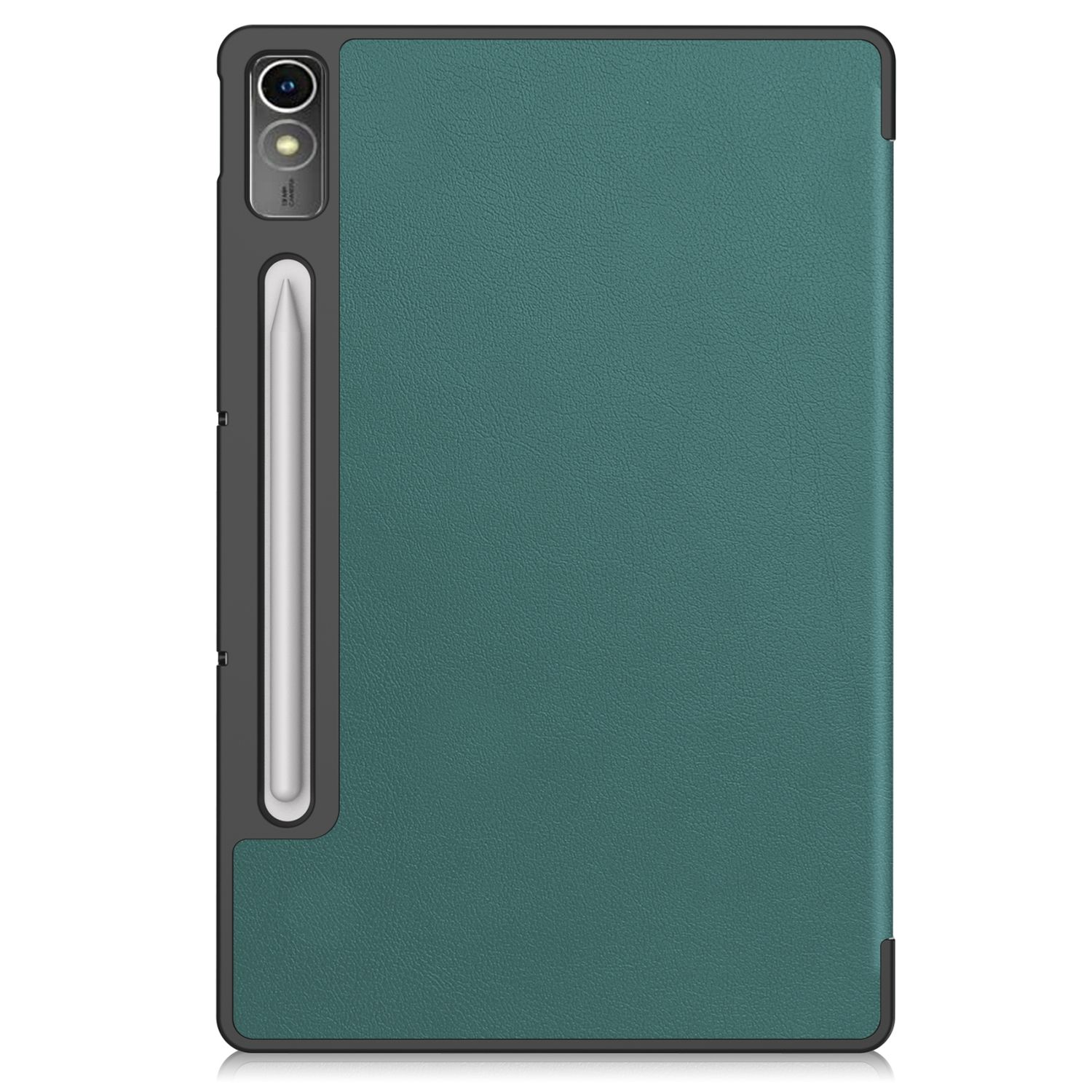 Grüne Tablethülle mit Kameraaussparung und Stifthalter. Schwarzes Tablet innen, dunkelgrauer Rahmen.