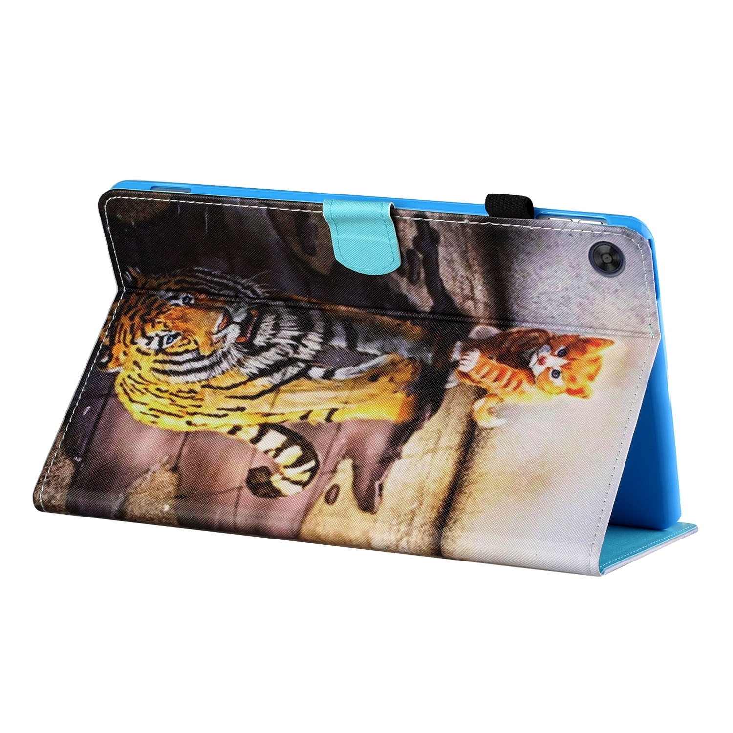 Tablethülle mit Tiger und Kätzchen. Der Tiger hat gelbe Streifen, das Kätzchen ist orange.