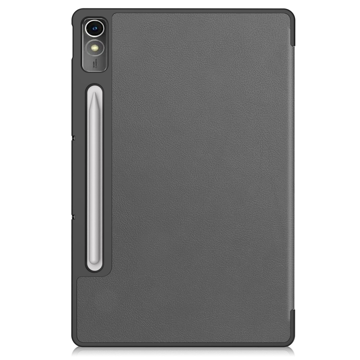 Dunkelgraue Tablethülle mit Stifthalter und Kamera.