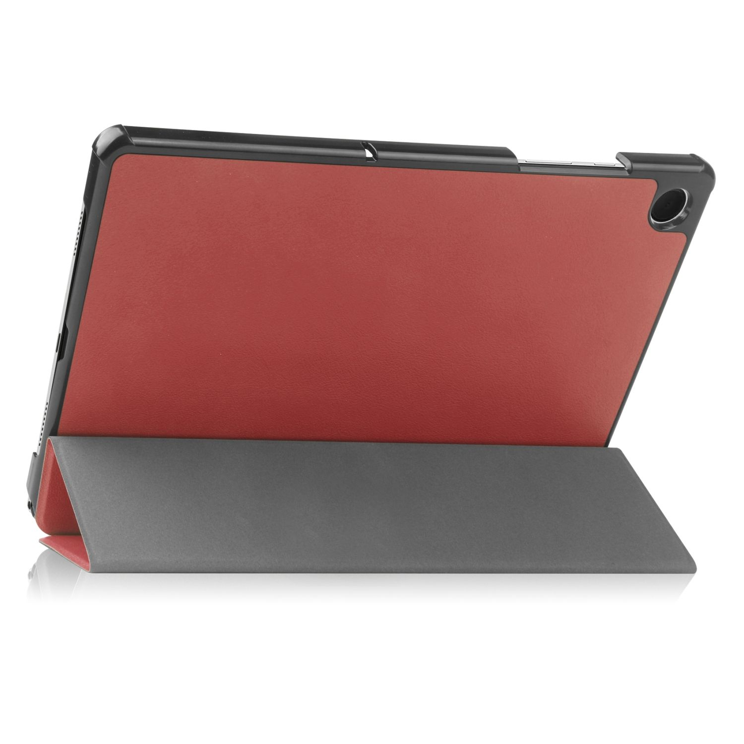 Tablet mit roter Innenseite und grauem Ständer. Schwarzer Rahmen.