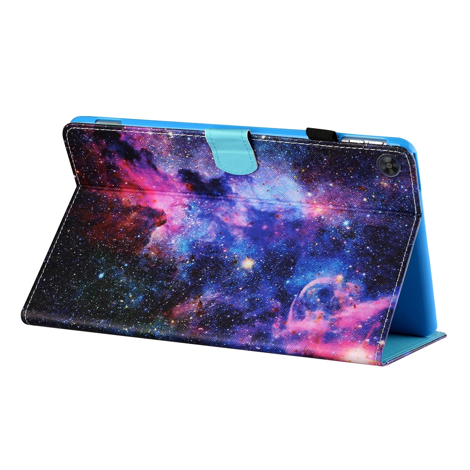 Tablethülle mit Galaxie-Design. Sie hat einen blauen Rand und eine blaue Klappe.