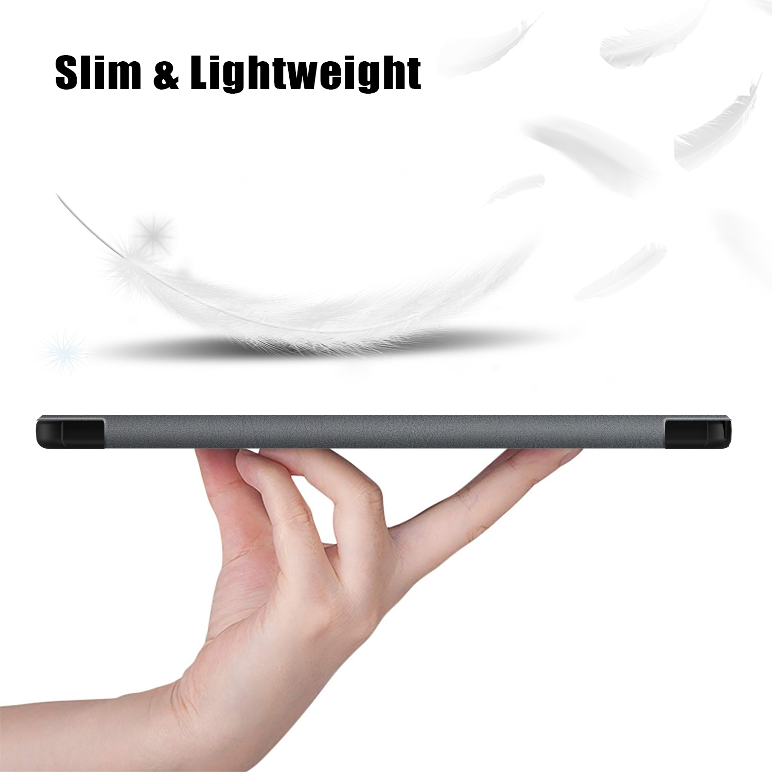 Eine Hand hält ein Tablet. Das Tablet ist flach und schlank.