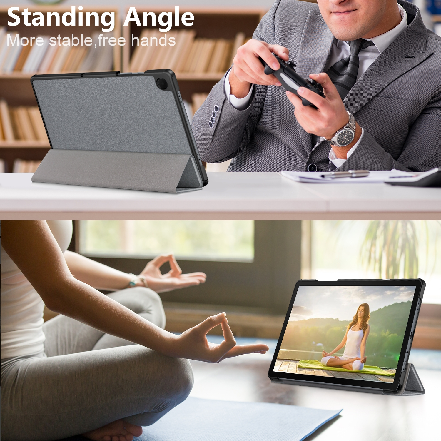 Tablet im Standmodus. Eine Person spielt ein Spiel und eine Frau macht Yoga.
