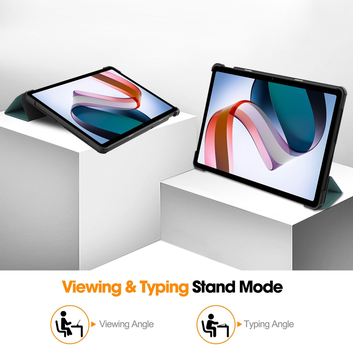 Zwei Tablets im Standmodus. Betrachtungs- und Tippwinkel mit Symbolen gezeigt.