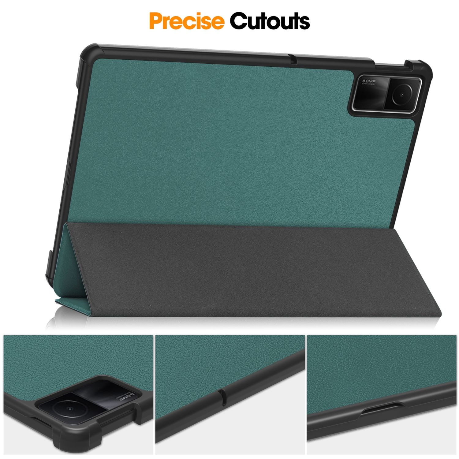 Grüne Tablethülle mit präzisen Aussparungen. Zeigt die Rückseite des Tablets mit Kamera- und Port-Ausschnitten.
