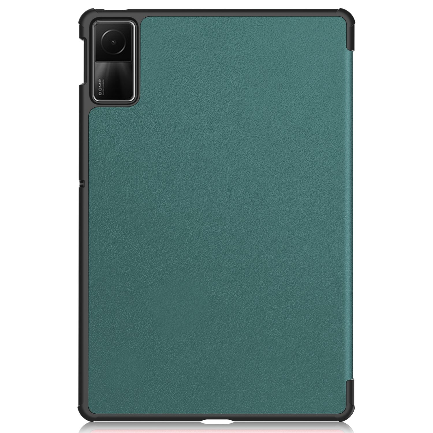 Grüne Tablethülle. Schwarzer Rahmen mit Kamera und Stifthalter.