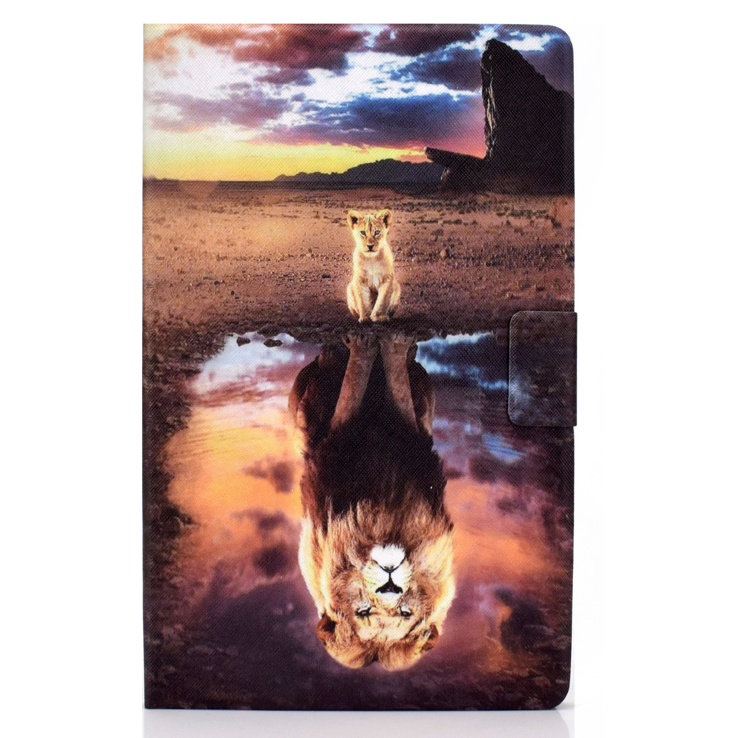 Tablethülle mit einem Löwen- und seinem Spiegelbild. Der Hintergrund ist Sonnenuntergang.