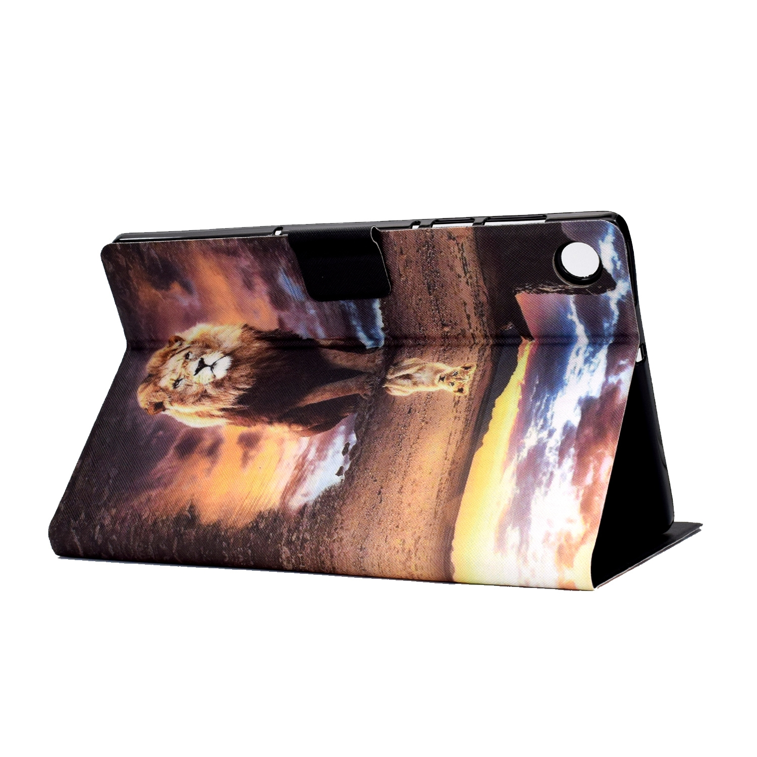 Tablet-Hülle mit dem Spiegelbild eines Löwen im Wasser. Sonnenuntergangsfarben im Hintergrund.