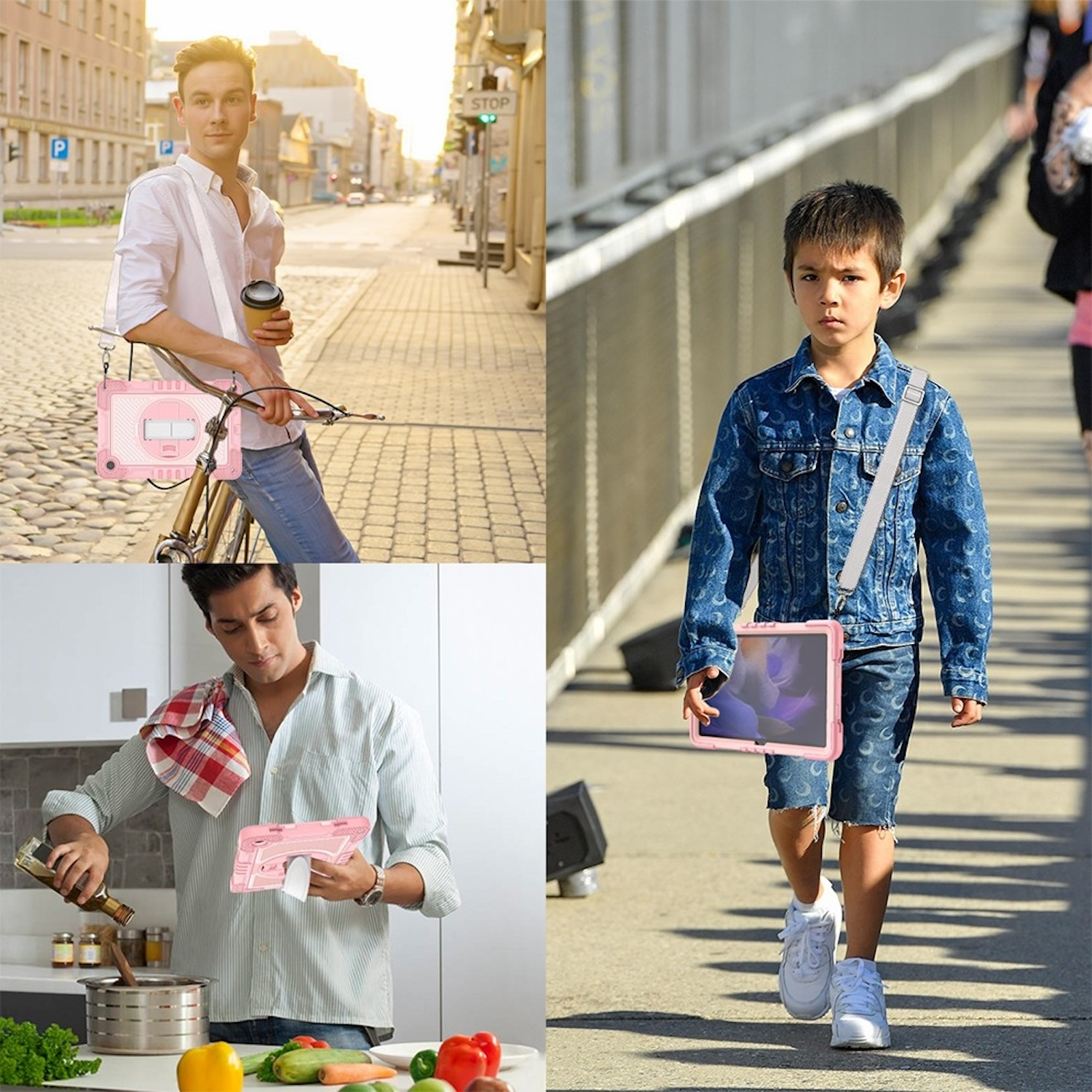 Collage von Personen, die rosa Tablet-Hüllen verwenden, in verschiedenen Umgebungen.
