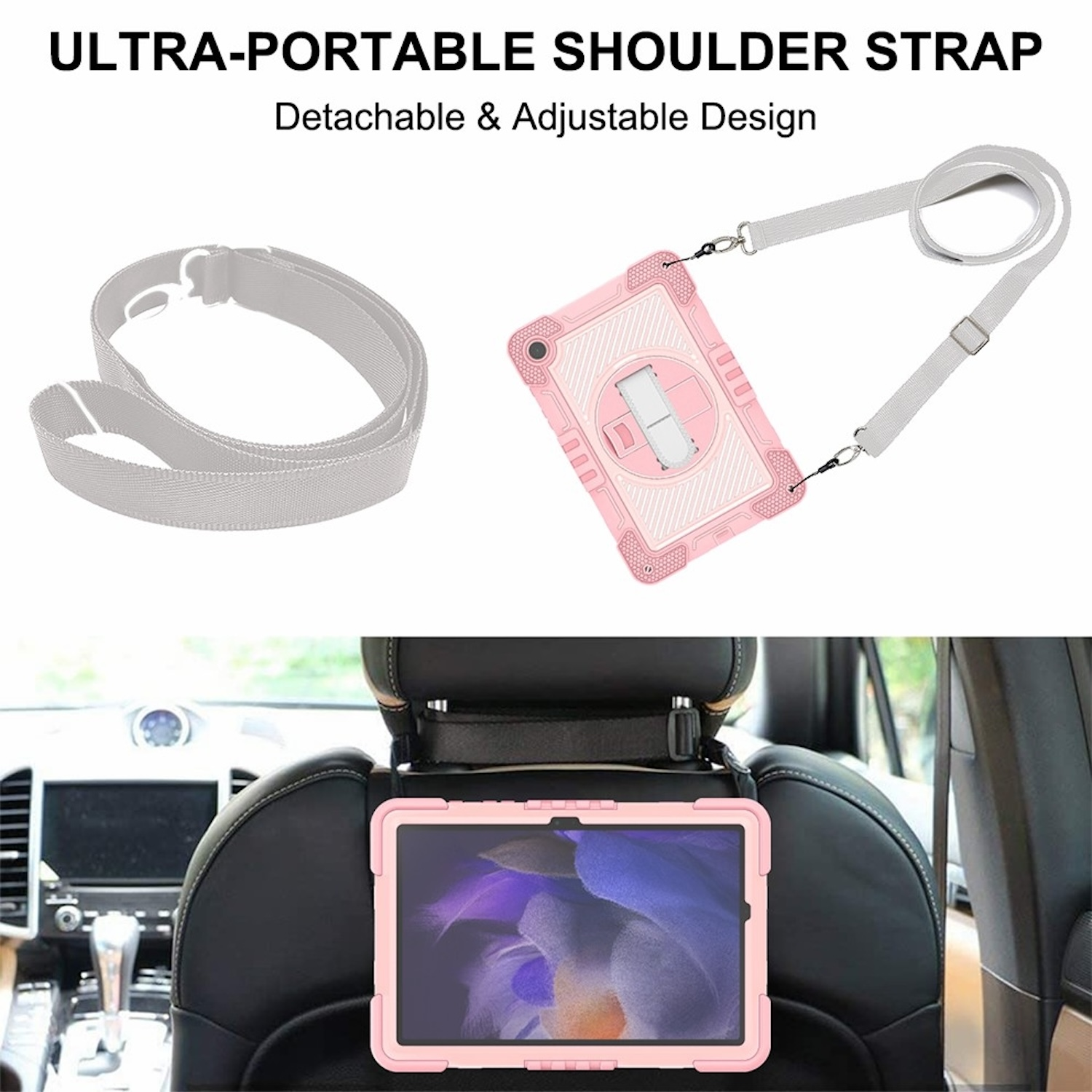 Ein rosa Tablet in einer Hülle mit Schulterriemen. Das Tablet befindet sich in einer Kopfstütze.