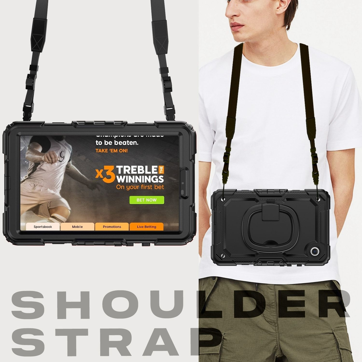 Schwarzes Tablet in robuster Hülle mit Schultergurt. Text: Schultergurt, Aktionen und Wette.