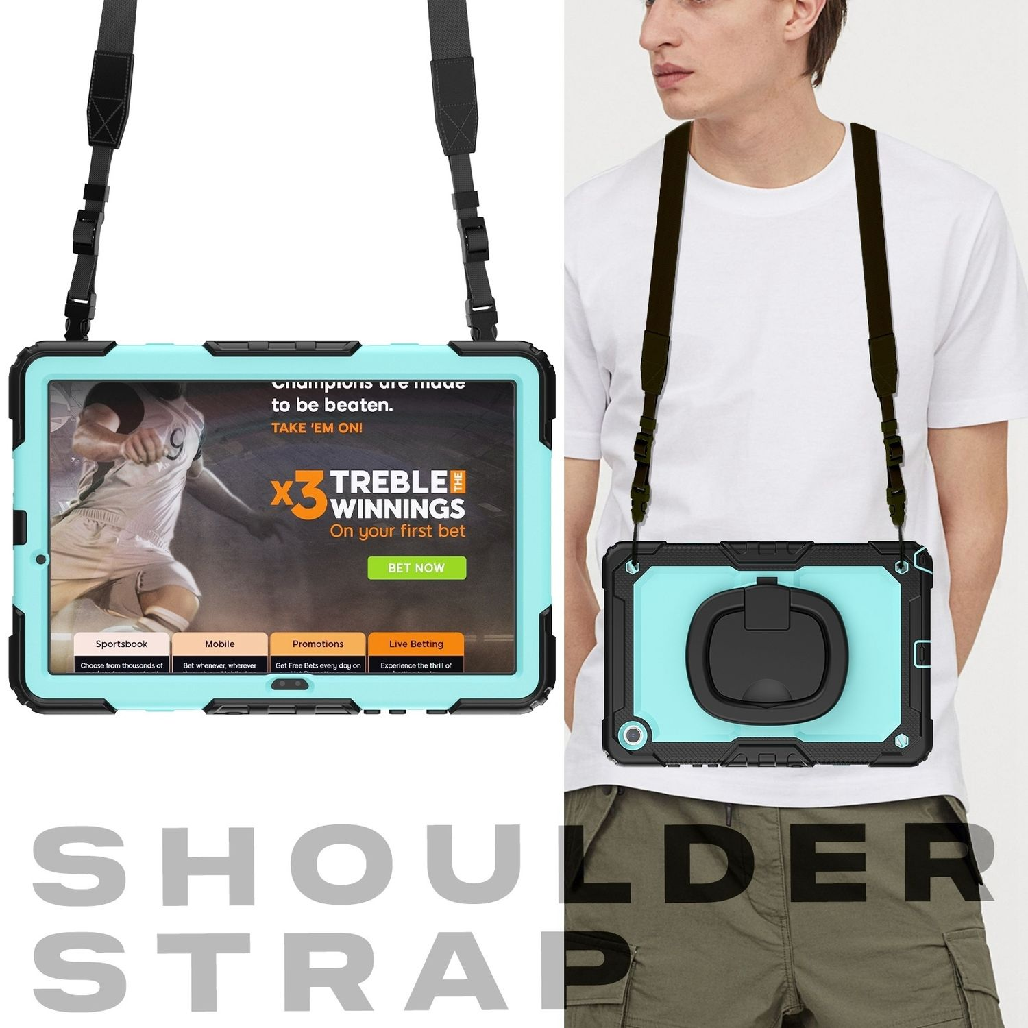 Mann mit blauer Tablet-Hülle mit Schulterriemen, zeigt eine Wett-App.