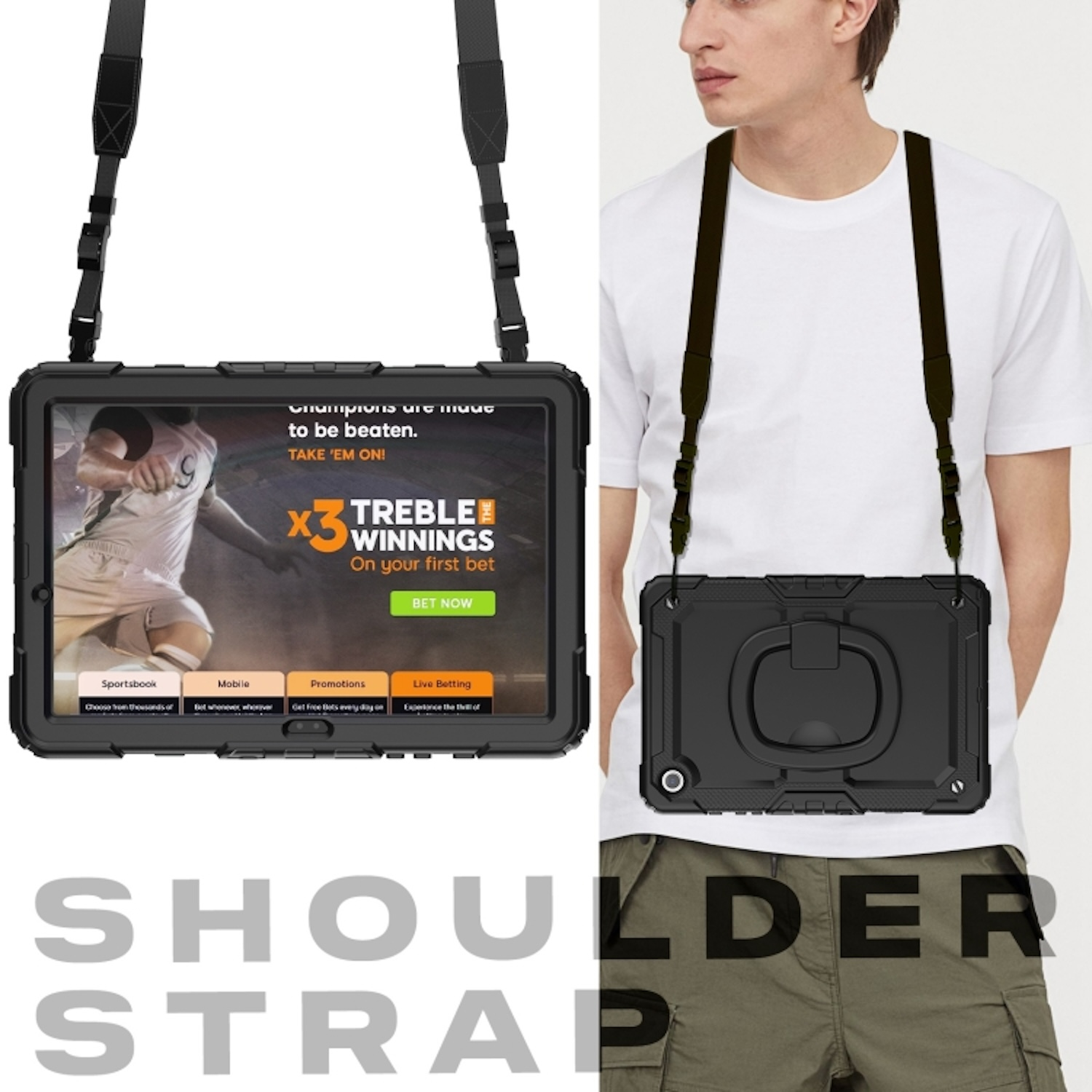 Schwarzes Tablet in einer Hülle mit Schulterriemen, an einem Mann. Das Tablet zeigt eine Anzeige.