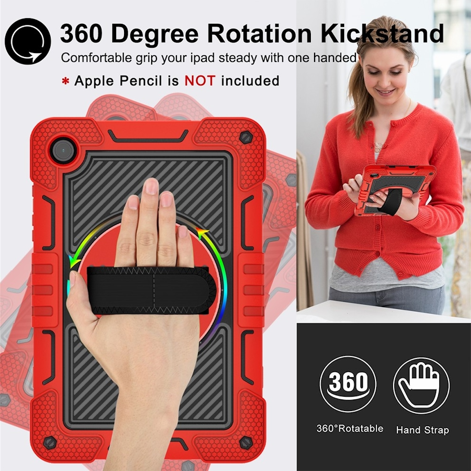 Eine Frau hält ein rotes Tablet in einer Hülle. Text auf der Hülle: 360 Grad Rotations-Kickstand.