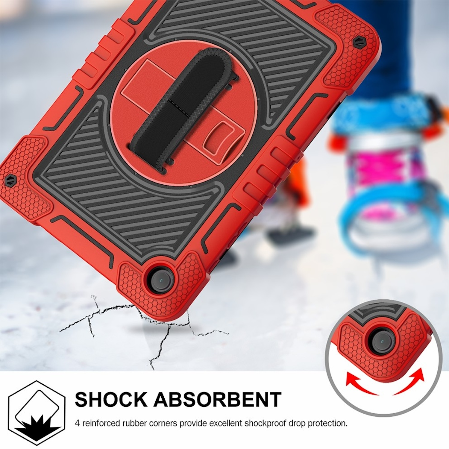 Rote und schwarze Tablethülle, Nahaufnahme der Ecke, Stoßdämpfungsdesign und Aufprallschutz.