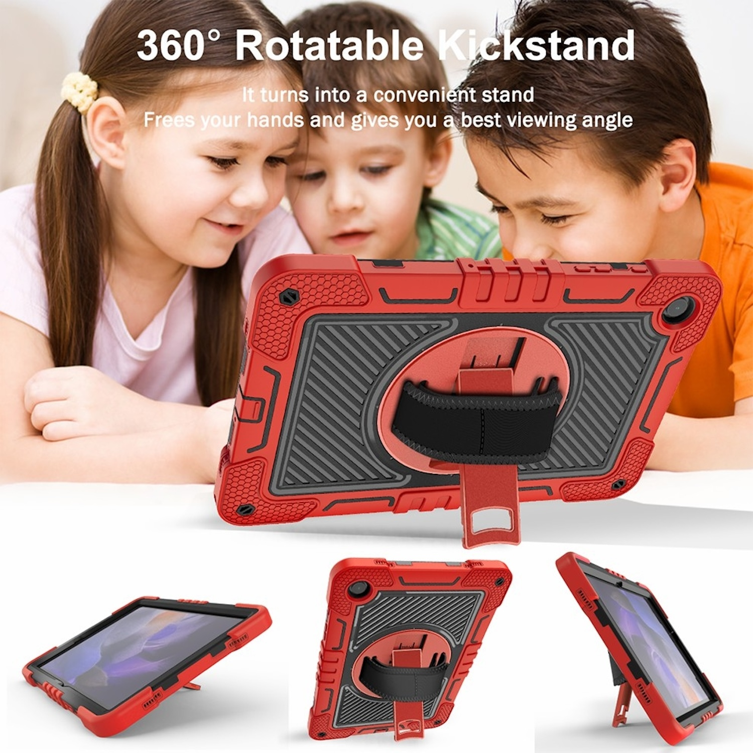Kinder schauen auf ein rotes Tablet in einer Hülle. Tablet hat einen Ständer. Text: 360 Grad drehbarer Ständer.