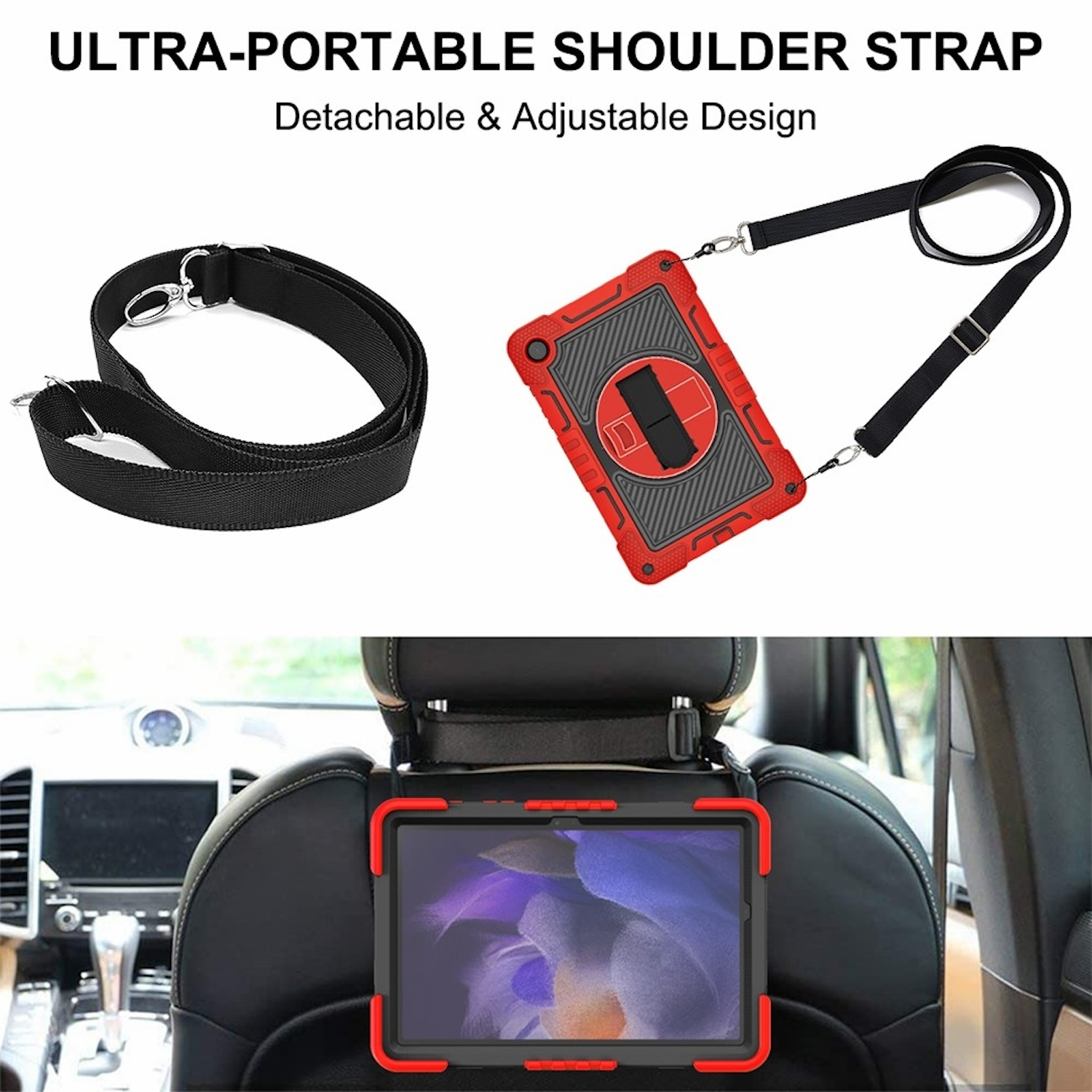 Tablet in rot-schwarzer Hülle mit Schultergurt, auch an einem Autositz befestigt. Abnehmbares Design.