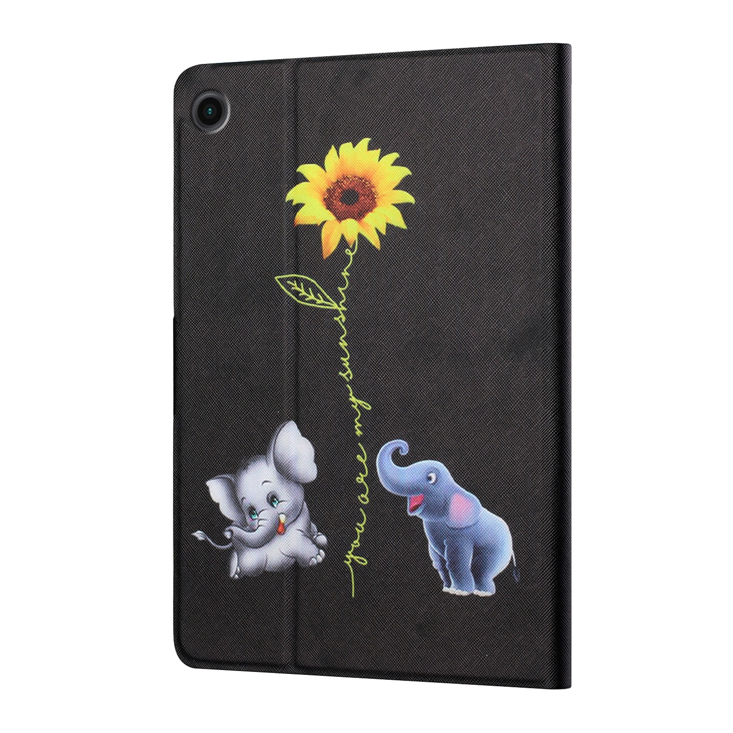 Schwarze Tablethülle mit Sonnenblume, zwei Elefanten und Text.