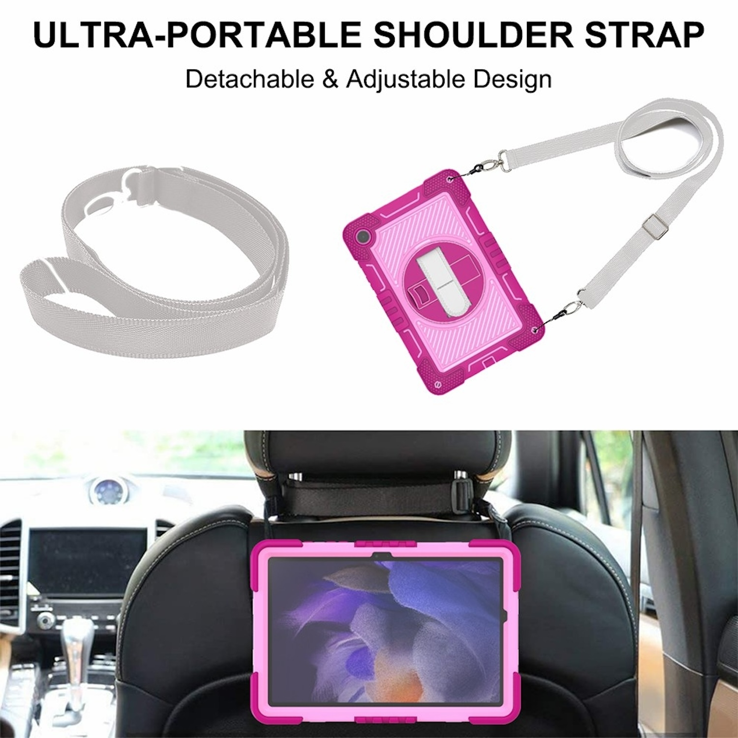 Rosa Tablethülle mit Schulterriemen, abgenommen und angebracht. Tablet sitzt im Autositz.