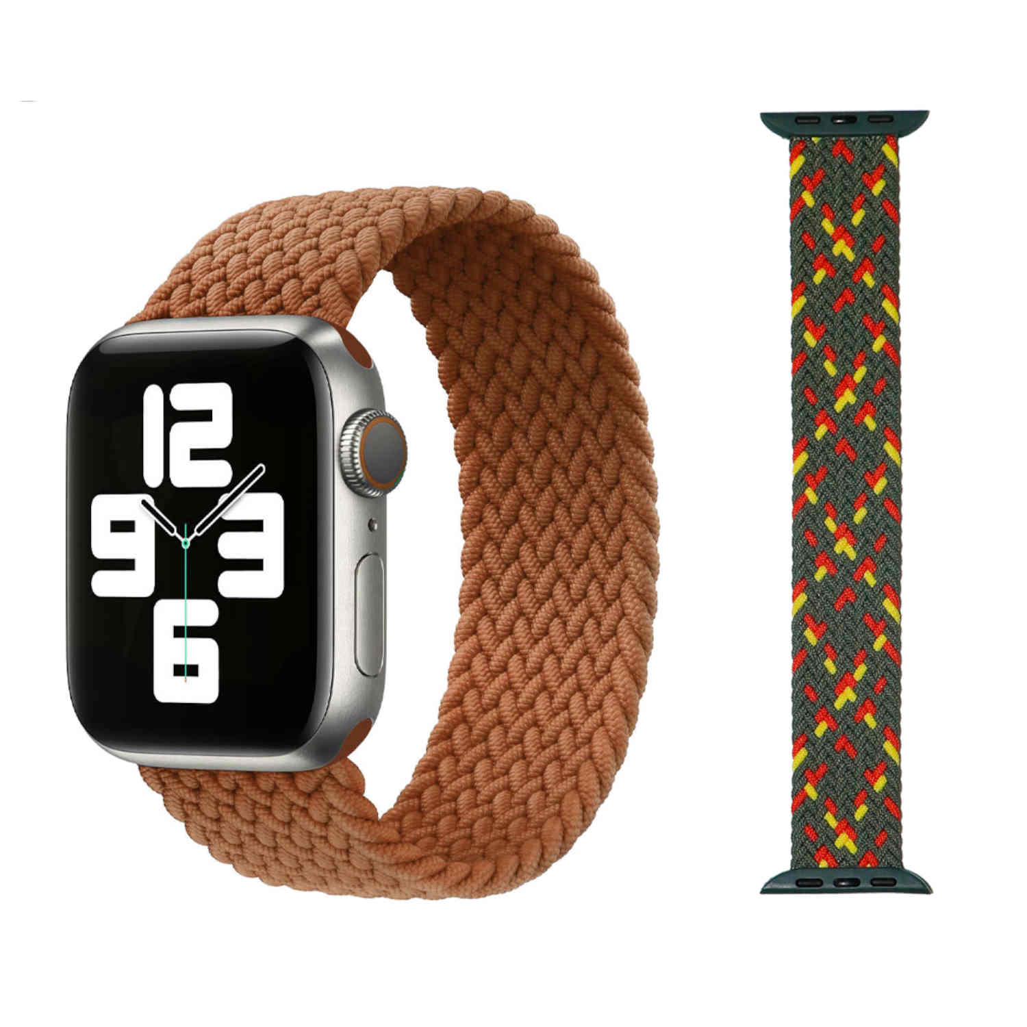 Apple Watch mit braunem geflochtenem Band und einem separaten Band. Die Uhr zeigt 9:36 Uhr.