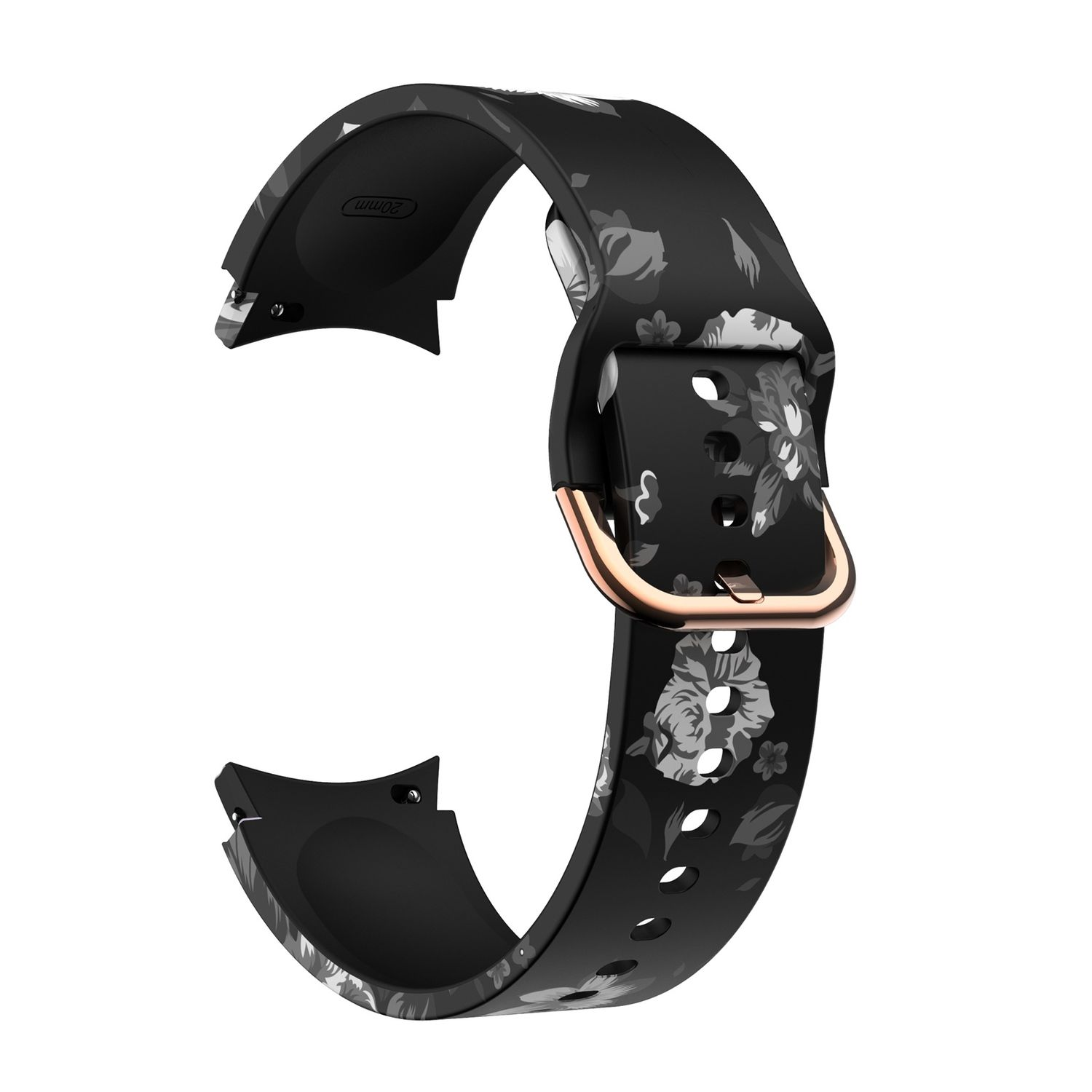 Ein schwarzes Uhrenarmband mit floralem Muster. Das Band hat eine goldene Schnalle und weiße und graue Blumen.